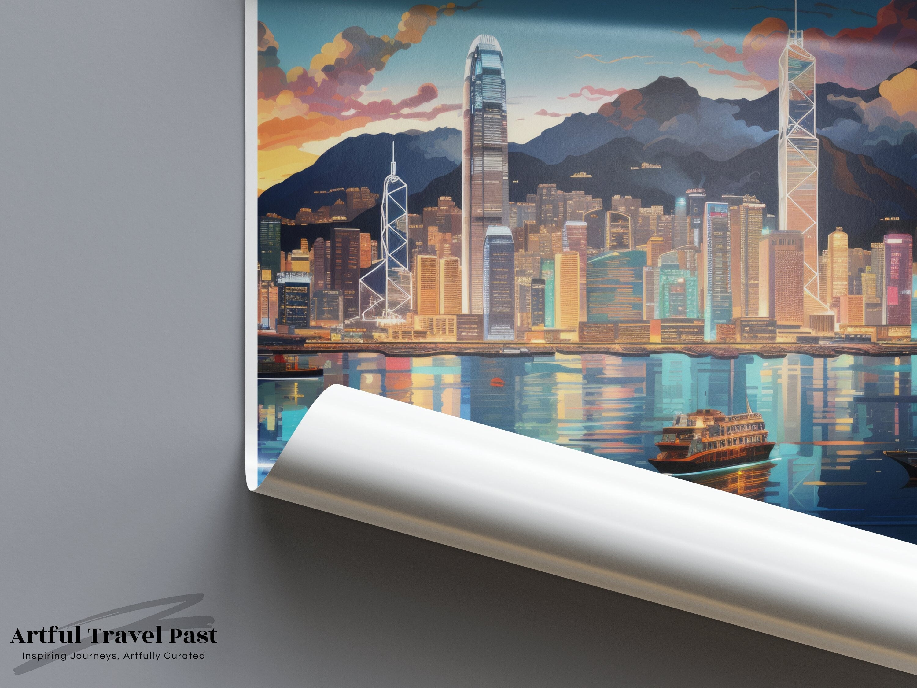 Victoria City Skyline Wall Art, Hong Kong Night View Print, Modern Cityscape Decor, Urban Landscape Poster, Hong Kong Art Print