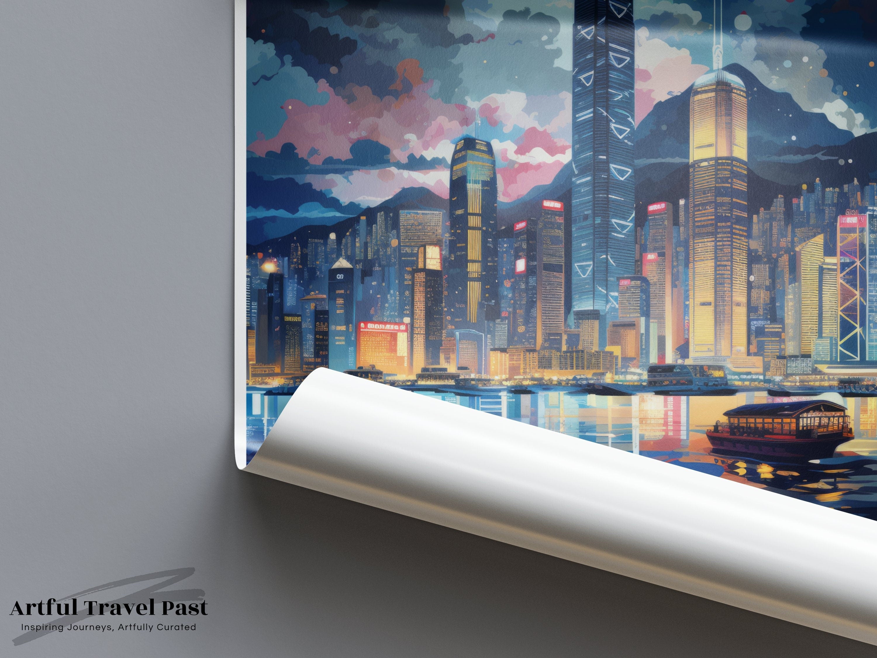 Victoria City Skyline Wall Art, Hong Kong Night View, Modern Cityscape Print, Vibrant Urban Poster, Illuminated Skyscrapers Decor