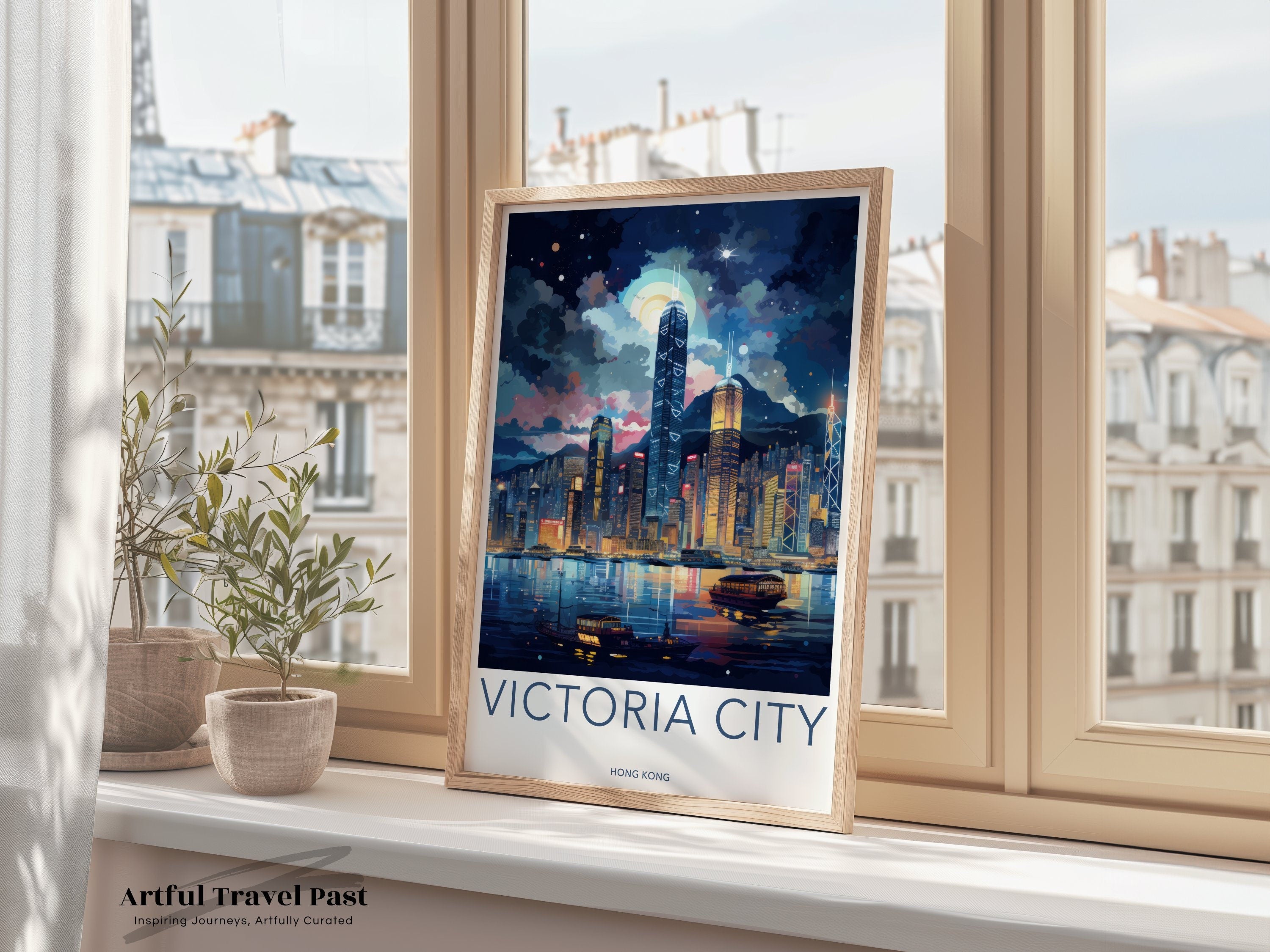 Victoria City Skyline Wall Art, Hong Kong Night View, Modern Cityscape Print, Vibrant Urban Poster, Illuminated Skyscrapers Decor