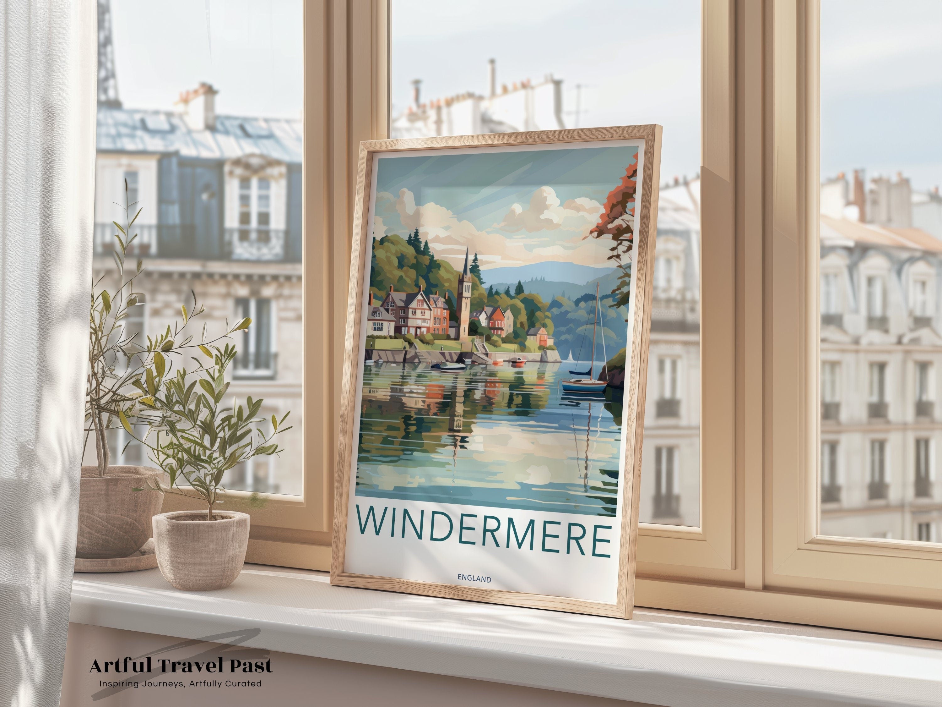 Windermere Travel Poster, Lake District Wall Art, England Beautiful Village Print, Scenic Landscape Artwork, Home Decor