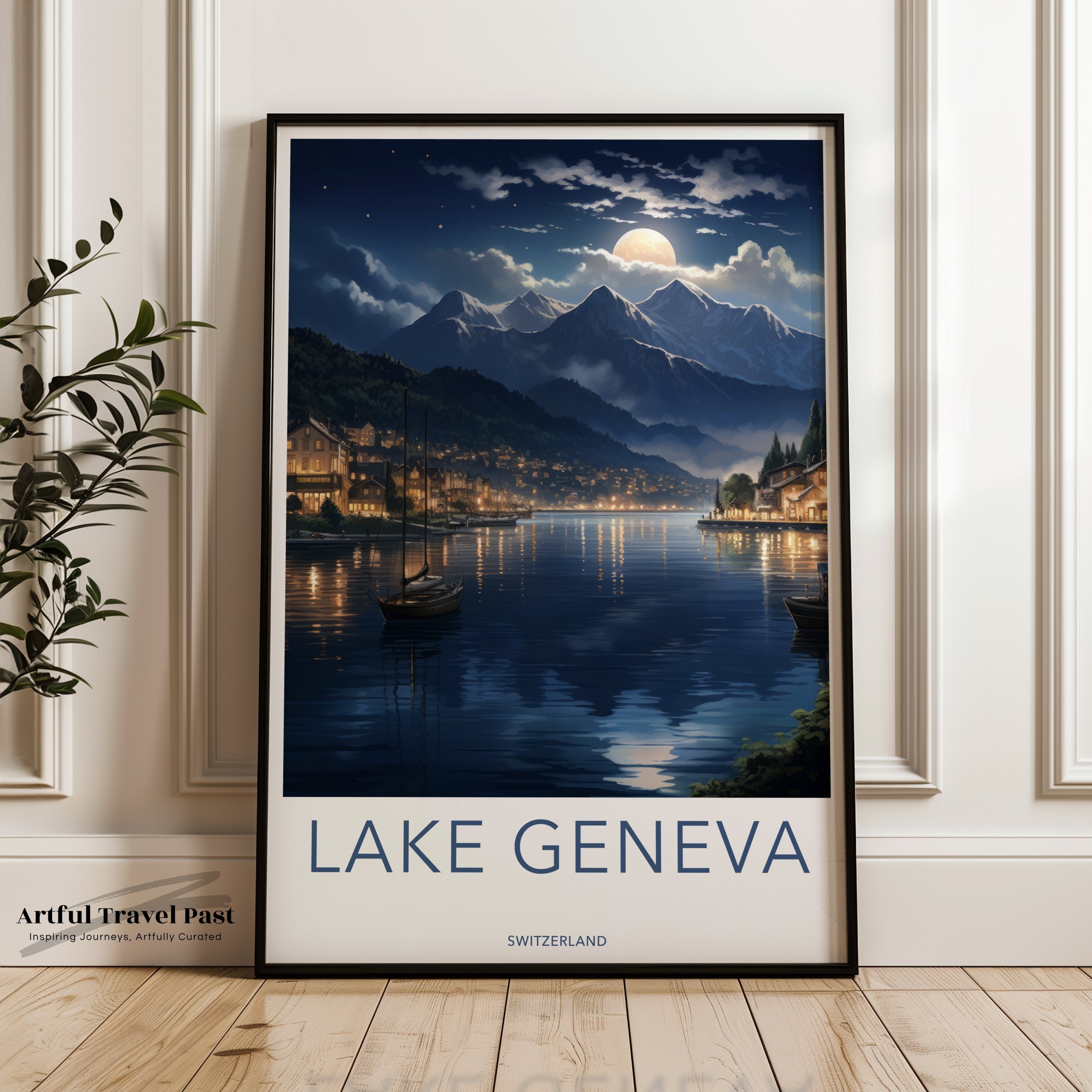 Lake Geneva Switzerland Wall Art, Moonlit Landscape Poster, Scenic Water View Print, Alpine Mountain Decor, Night Sky Artwork