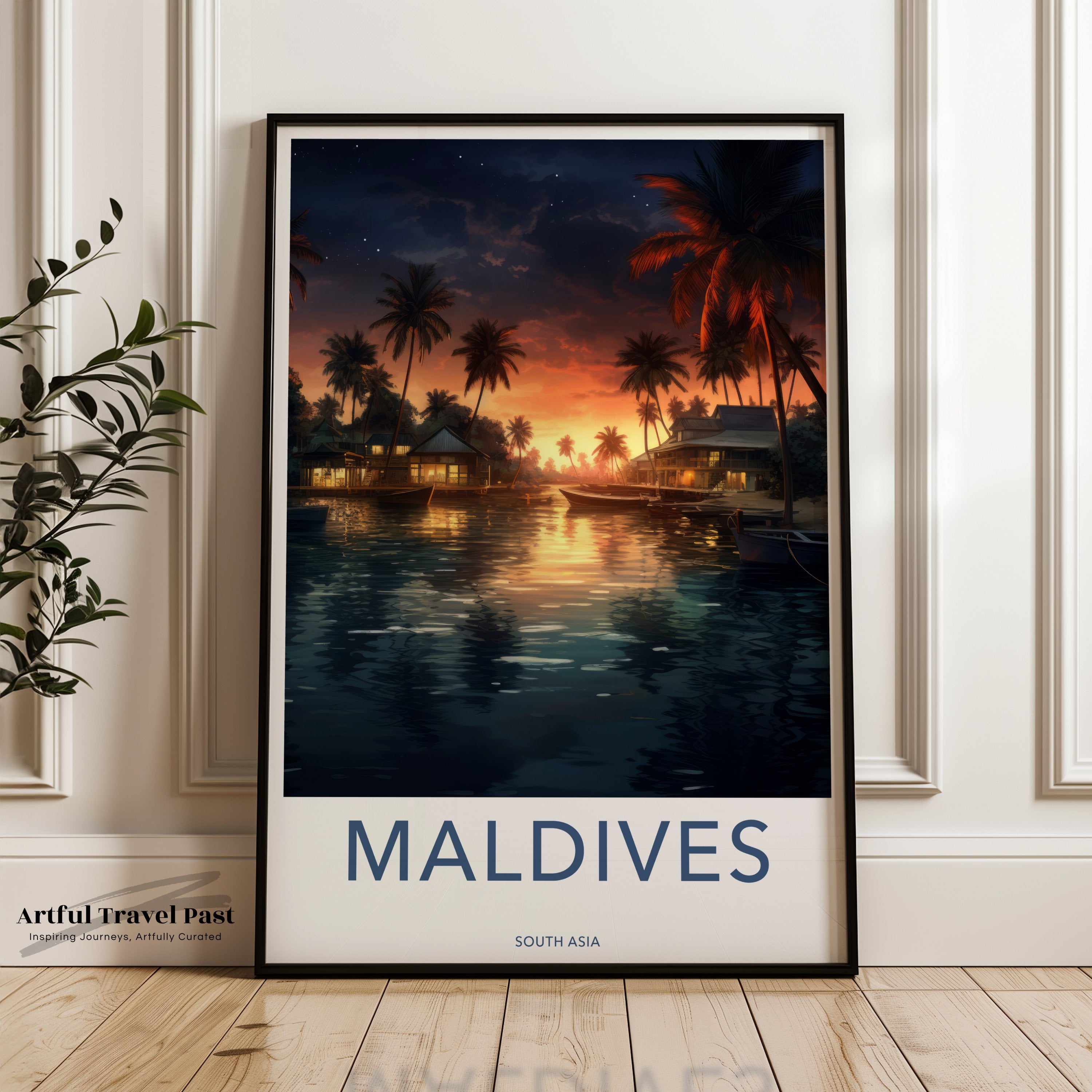 Maldives Sunset Seascape Wall Art, Tropical Island Decor, Coastal Nighttime Scene, Beautiful Ocean View, Serene Beach Evening Artwork