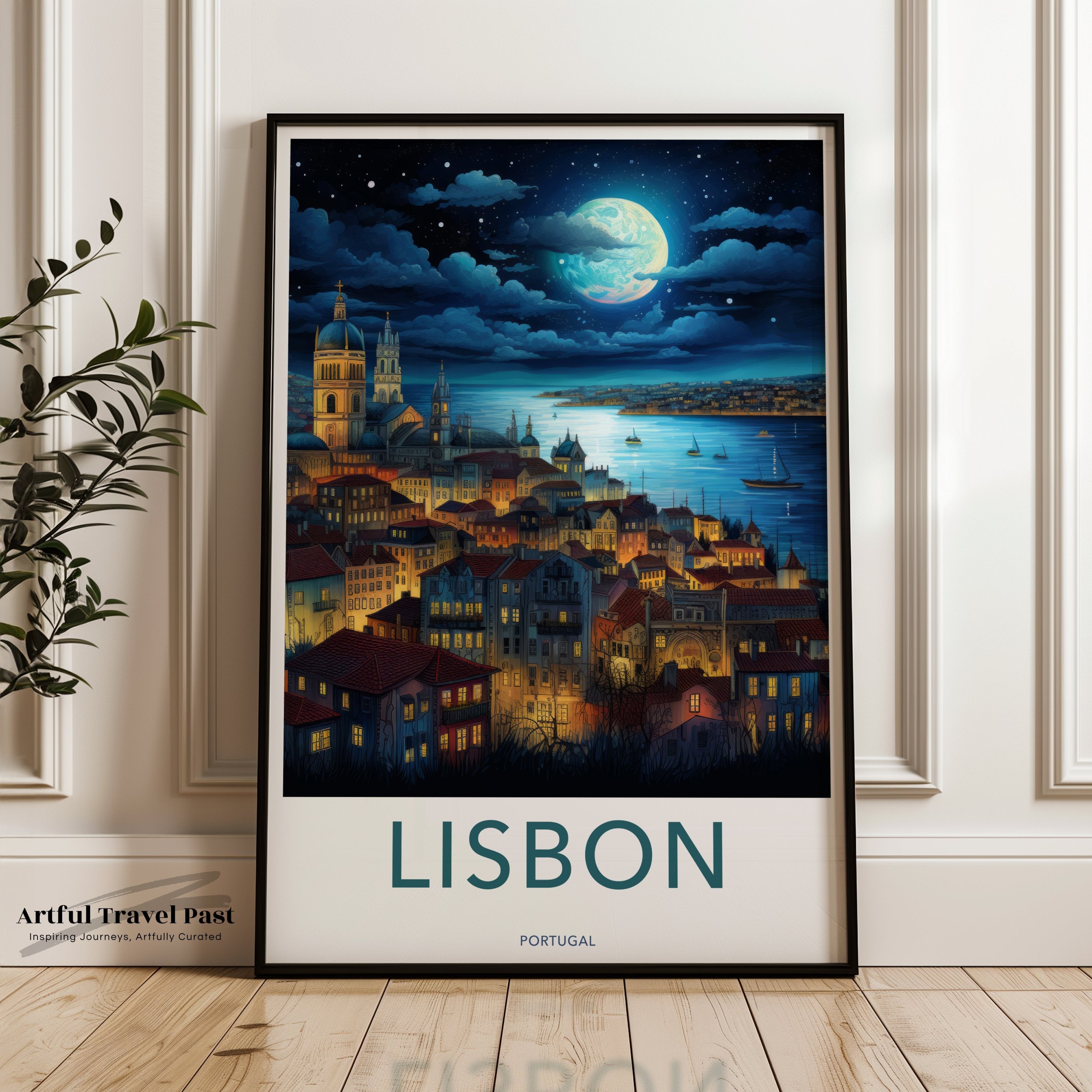 Lisbon nightscape wall art, cityscape print of Lisbon, illuminated Lisbon city at night, Portuguese architectural wonder, coastal city decor