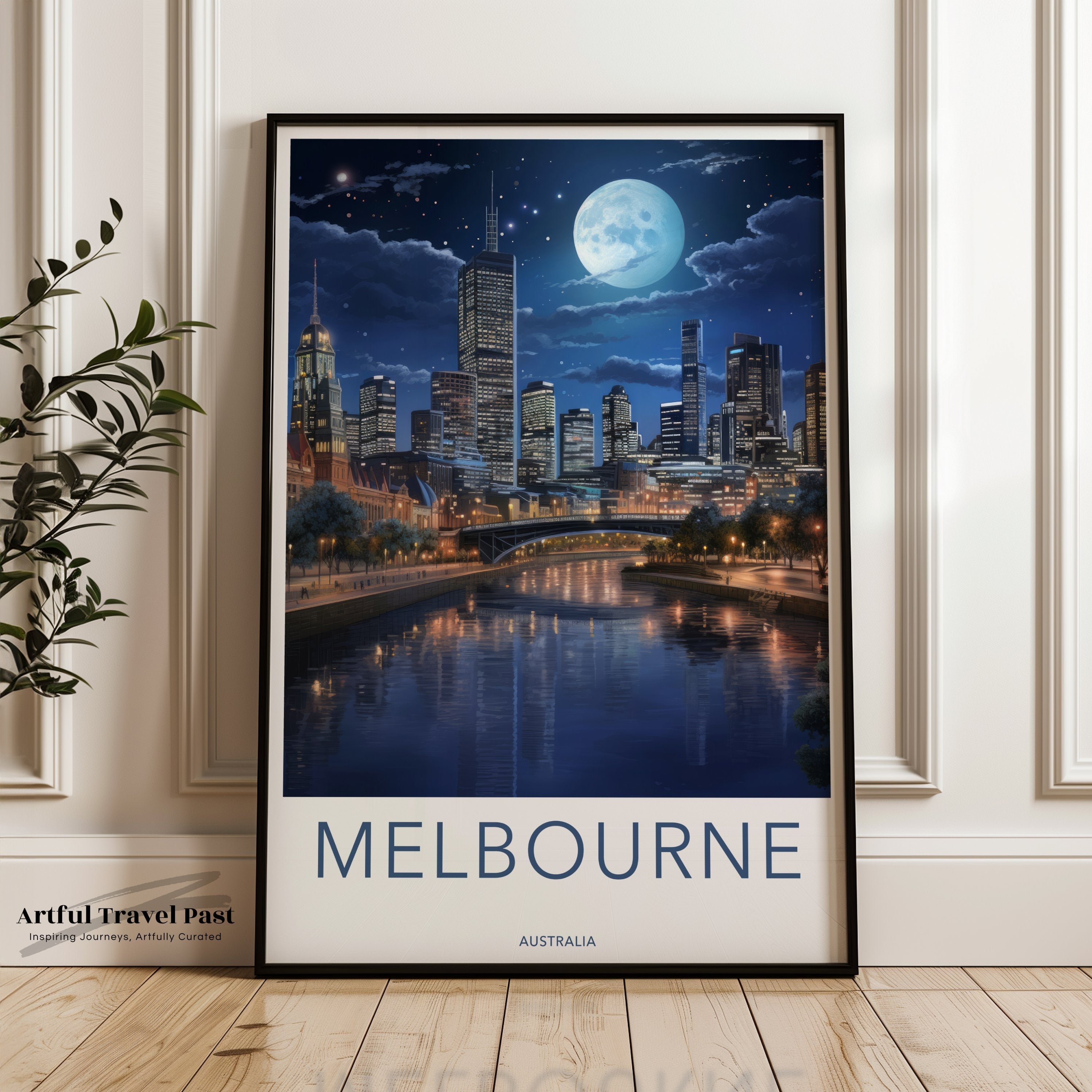 Melbourne skyline wall art, moonlit cityscape, night view of city, Australian landmark, landscape poster, architecture print