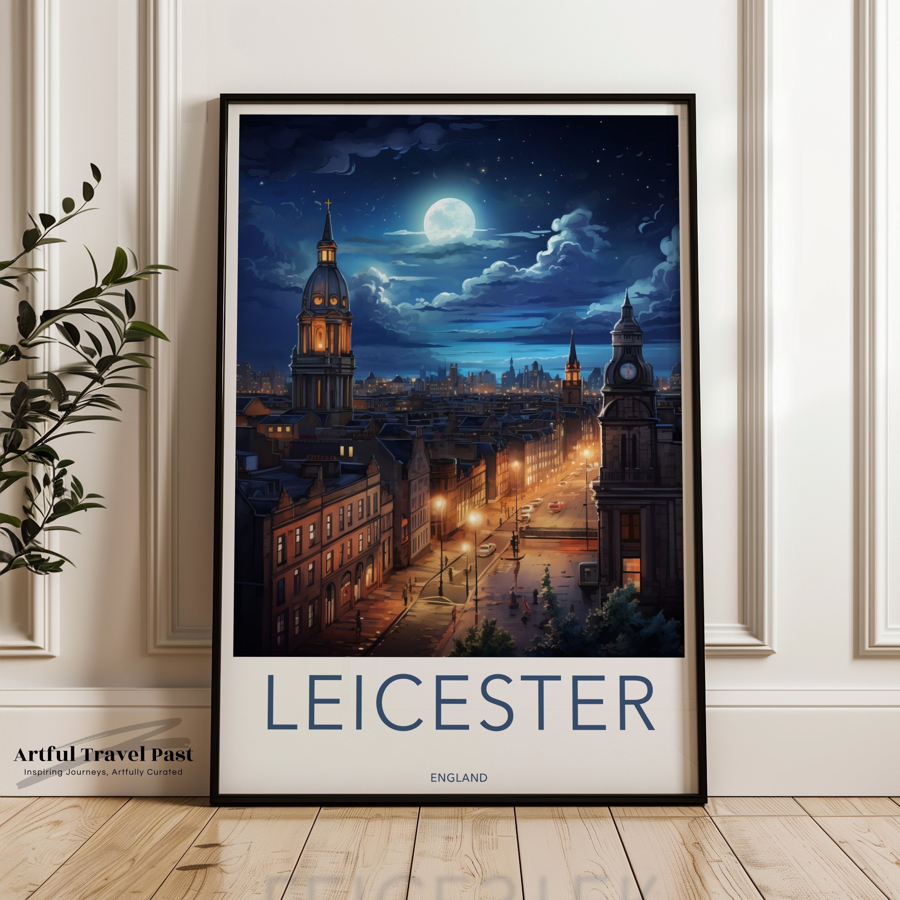 Leicester Wall Art, Leicester Skyline Poster, Cityscape Night View Print, Moonlit Architecture Portrait, Urban Landscape Decor