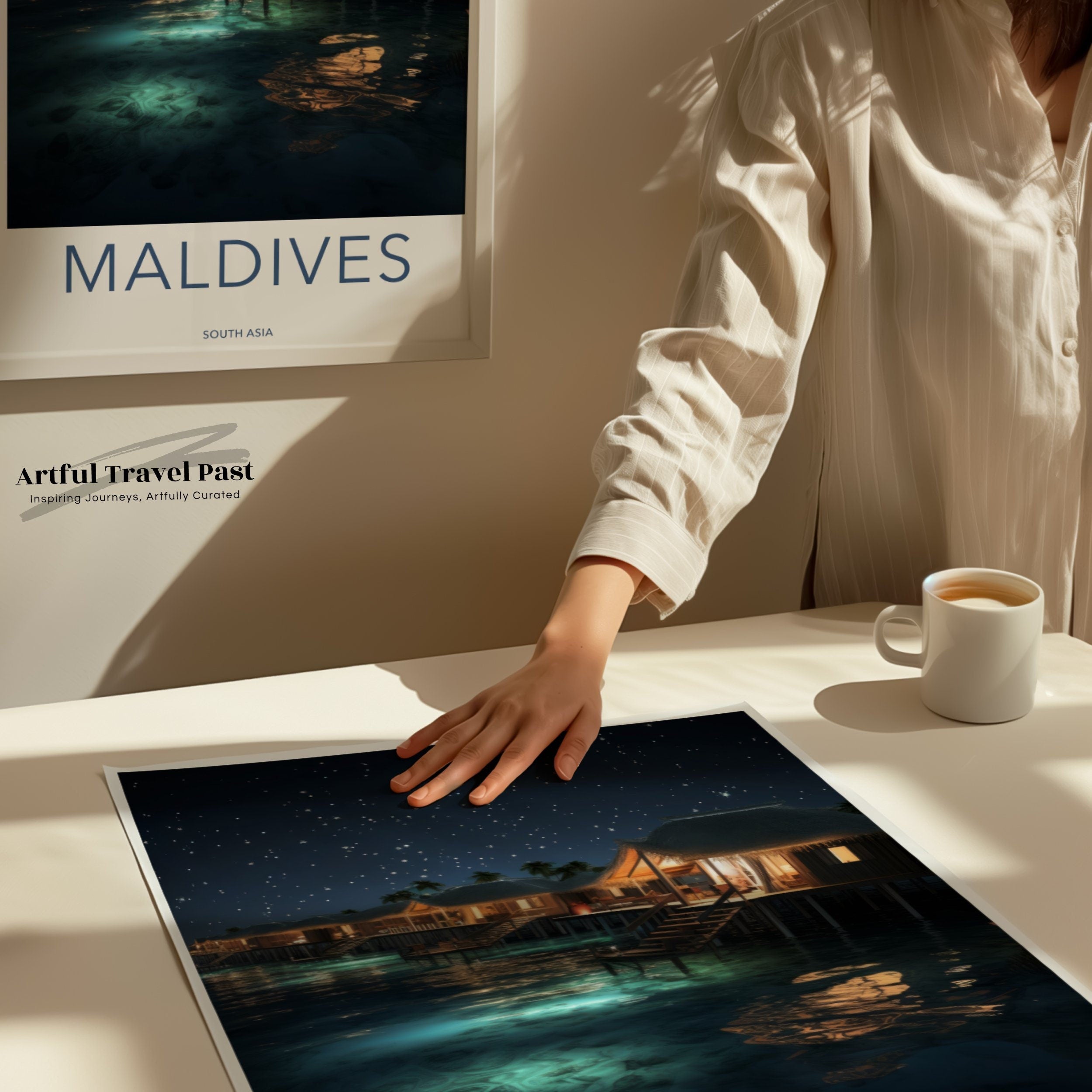 Maldives Night Sky Overwater Bungalows Wall Art, South Asia Scenic Print, Starry Night Ocean View Poster, Tropical Paradise Decor