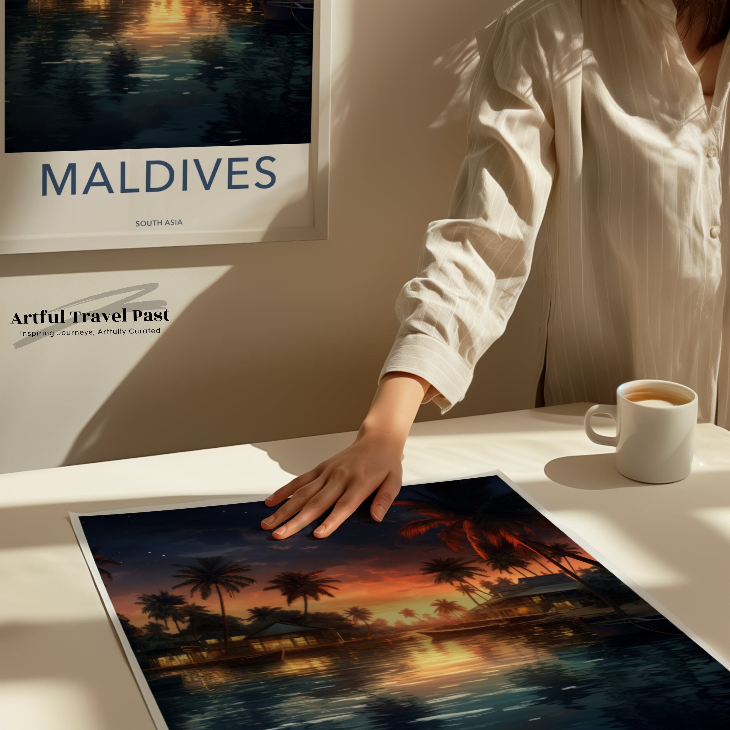 Maldives Sunset Seascape Wall Art, Tropical Island Decor, Coastal Nighttime Scene, Beautiful Ocean View, Serene Beach Evening Artwork