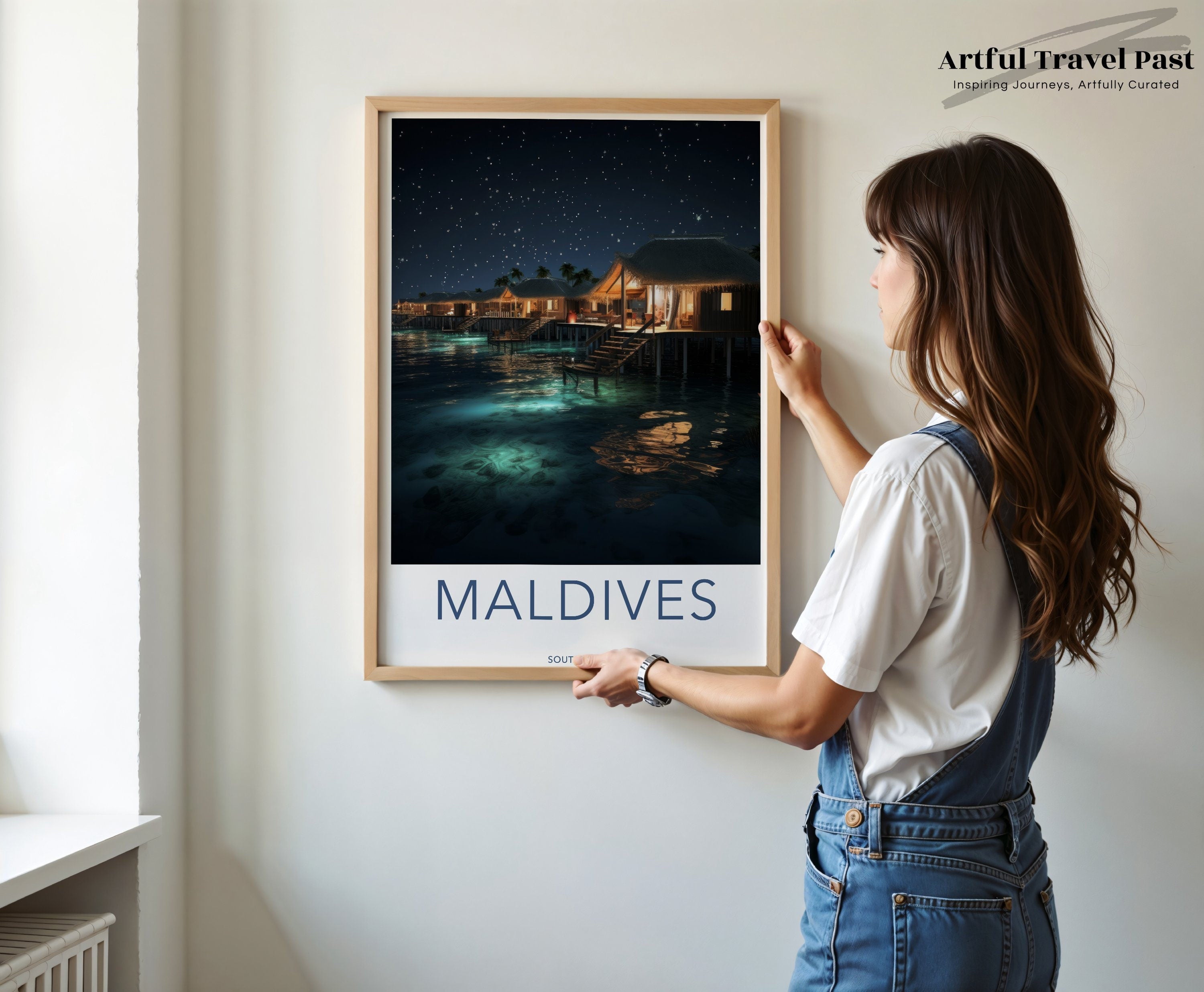 Maldives Night Sky Overwater Bungalows Wall Art, South Asia Scenic Print, Starry Night Ocean View Poster, Tropical Paradise Decor