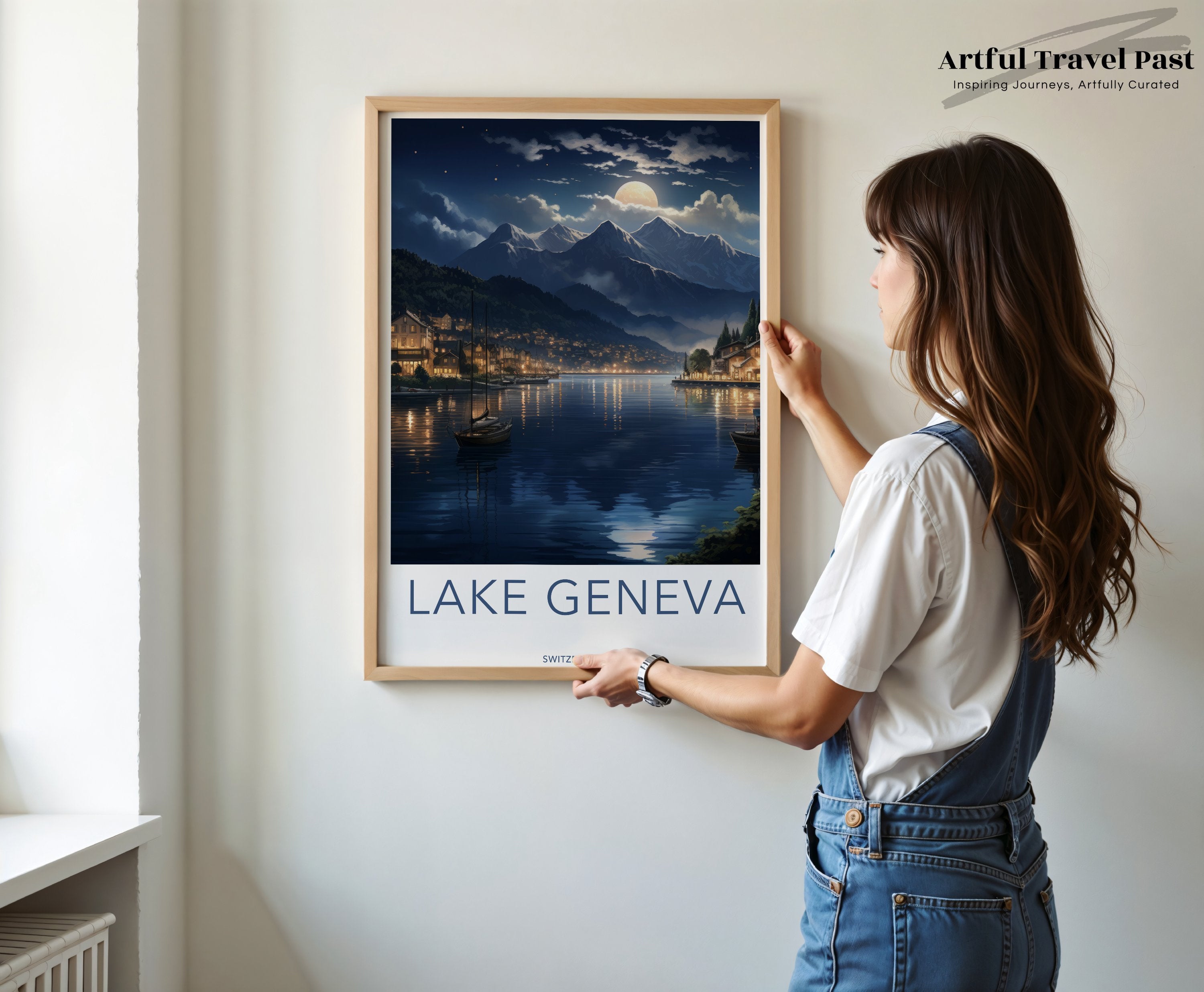 Lake Geneva Switzerland Wall Art, Moonlit Landscape Poster, Scenic Water View Print, Alpine Mountain Decor, Night Sky Artwork