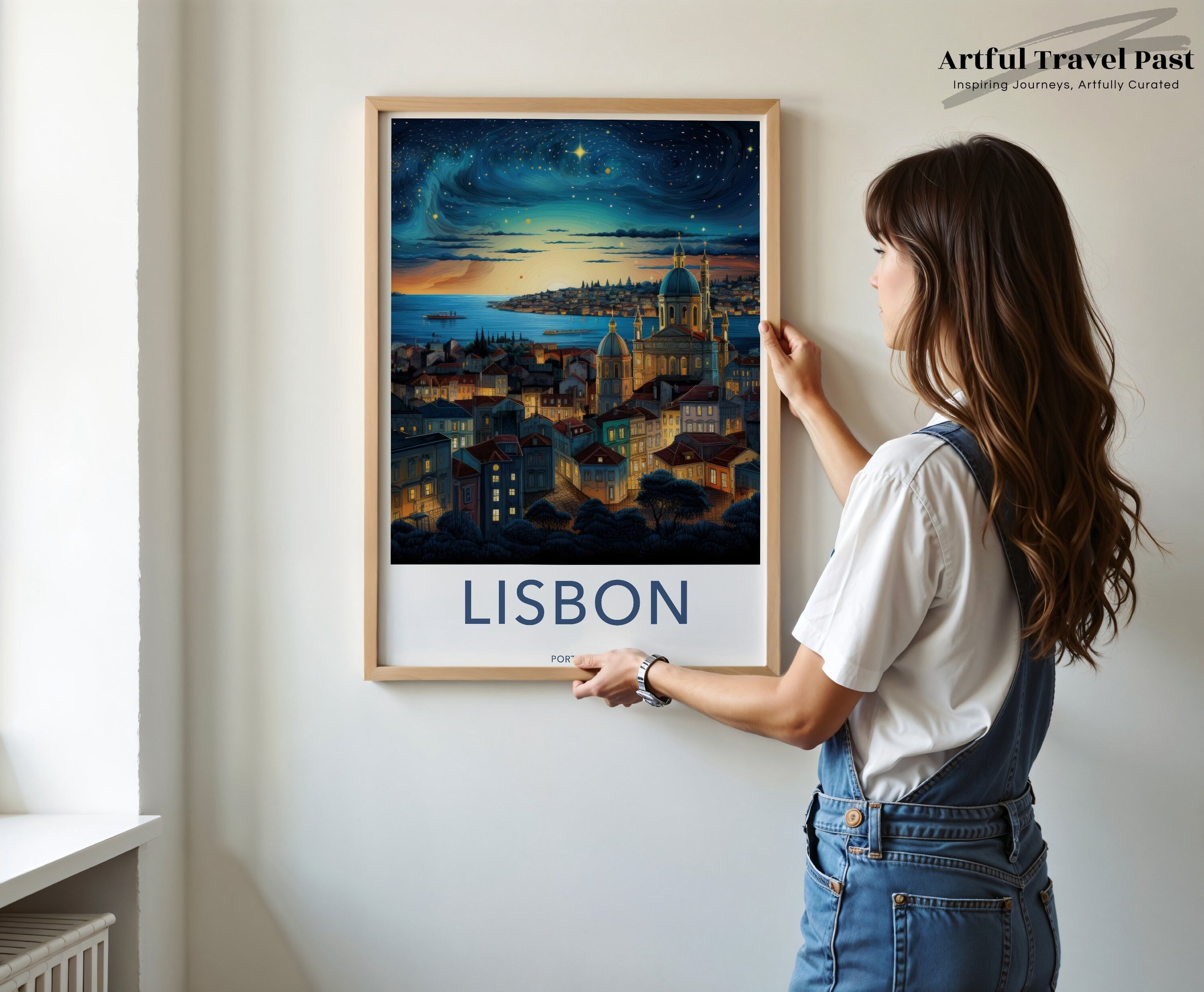 Lisbon Portugal Wall Art, Night Cityscape Poster, Starry Sky Print, Travel Decor, Europe Landscape Artwork, Home Office Wall Decor