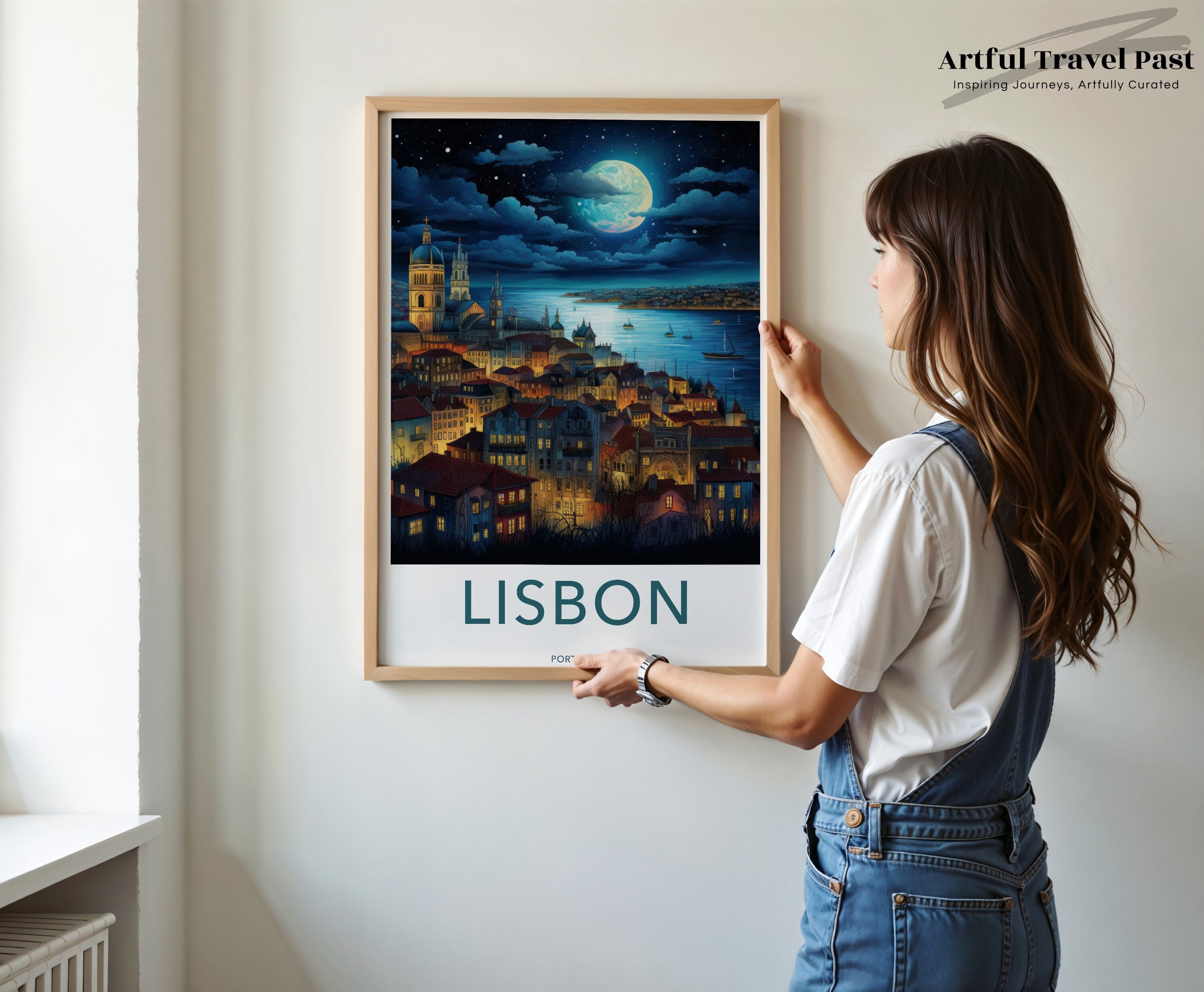 Lisbon nightscape wall art, cityscape print of Lisbon, illuminated Lisbon city at night, Portuguese architectural wonder, coastal city decor