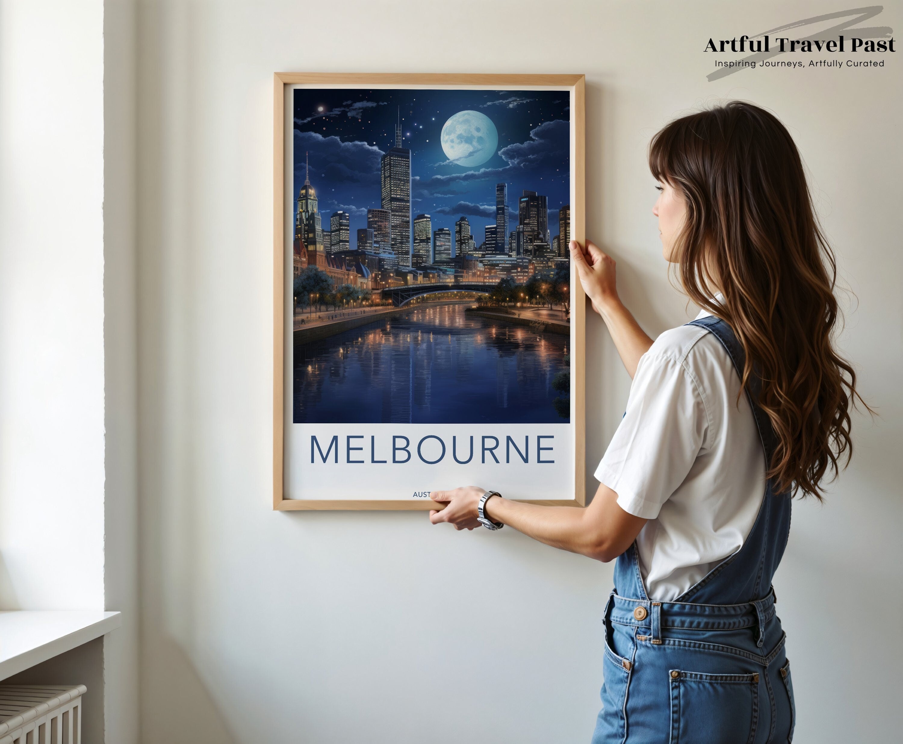 Melbourne skyline wall art, moonlit cityscape, night view of city, Australian landmark, landscape poster, architecture print