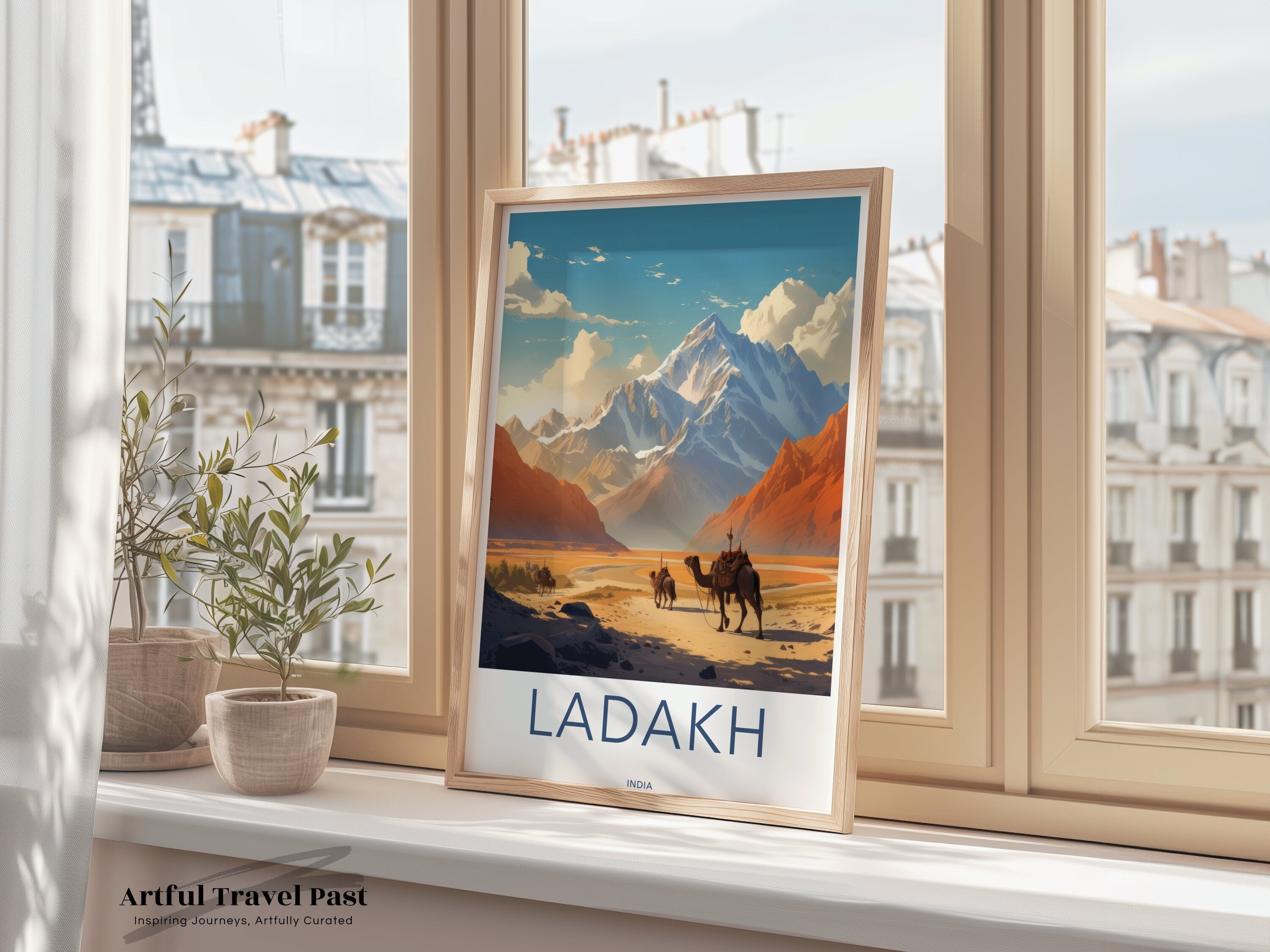 Ladakh Wall Art, Camel Ride through Majestic Mountains, Stunning Himalayan Landscape Print, India Travel Poster, Scenic Wall Decor