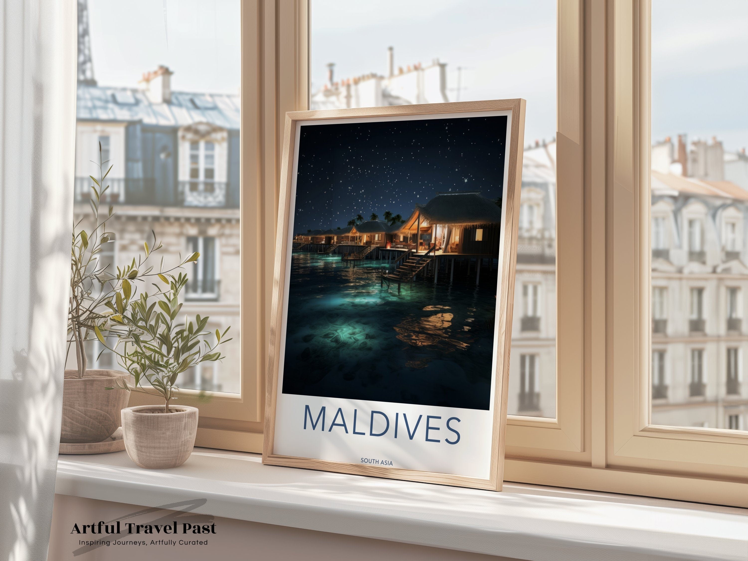 Maldives Night Sky Overwater Bungalows Wall Art, South Asia Scenic Print, Starry Night Ocean View Poster, Tropical Paradise Decor