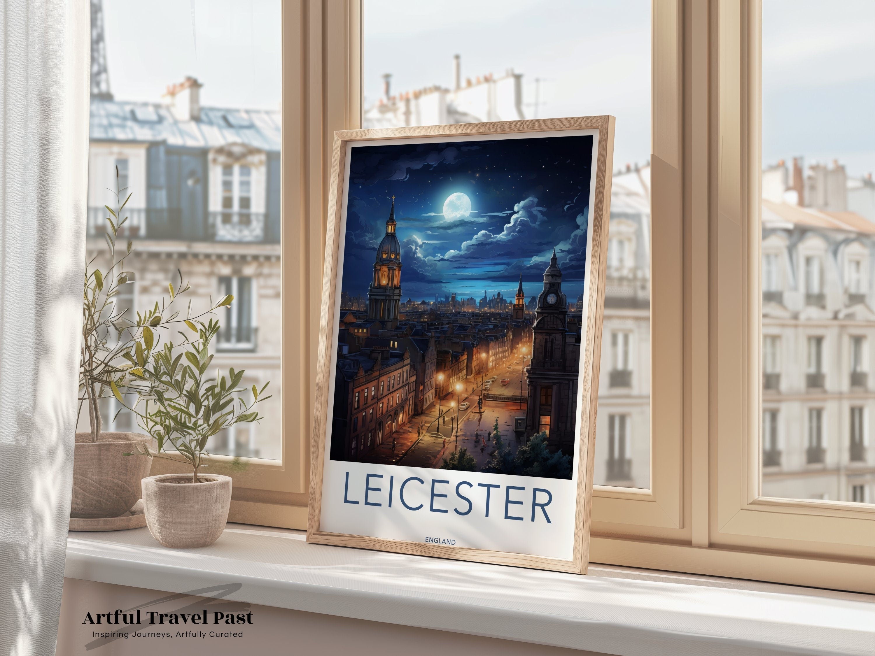 Leicester Wall Art, Leicester Skyline Poster, Cityscape Night View Print, Moonlit Architecture Portrait, Urban Landscape Decor