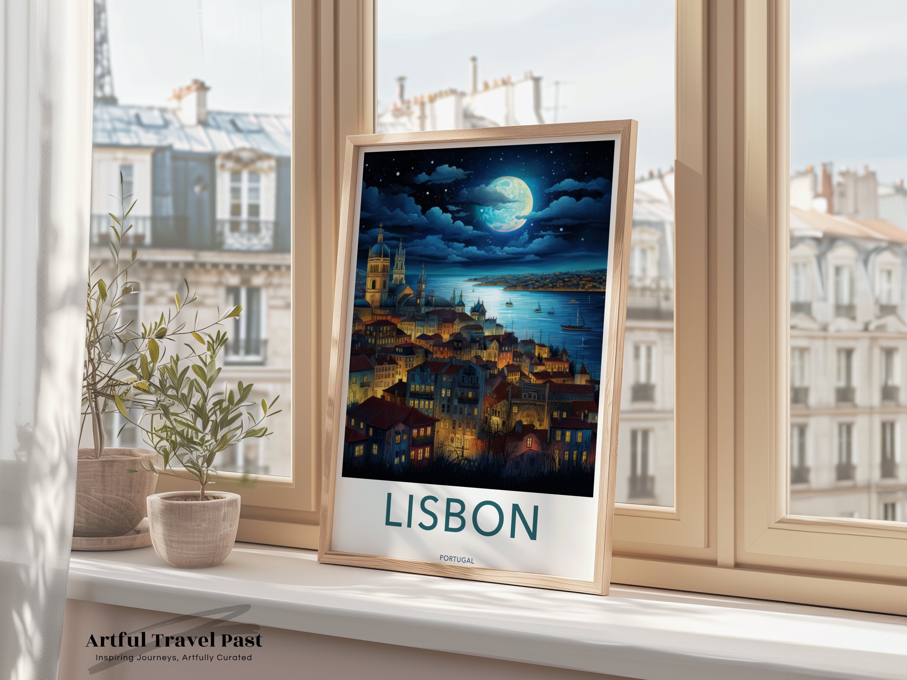 Lisbon nightscape wall art, cityscape print of Lisbon, illuminated Lisbon city at night, Portuguese architectural wonder, coastal city decor