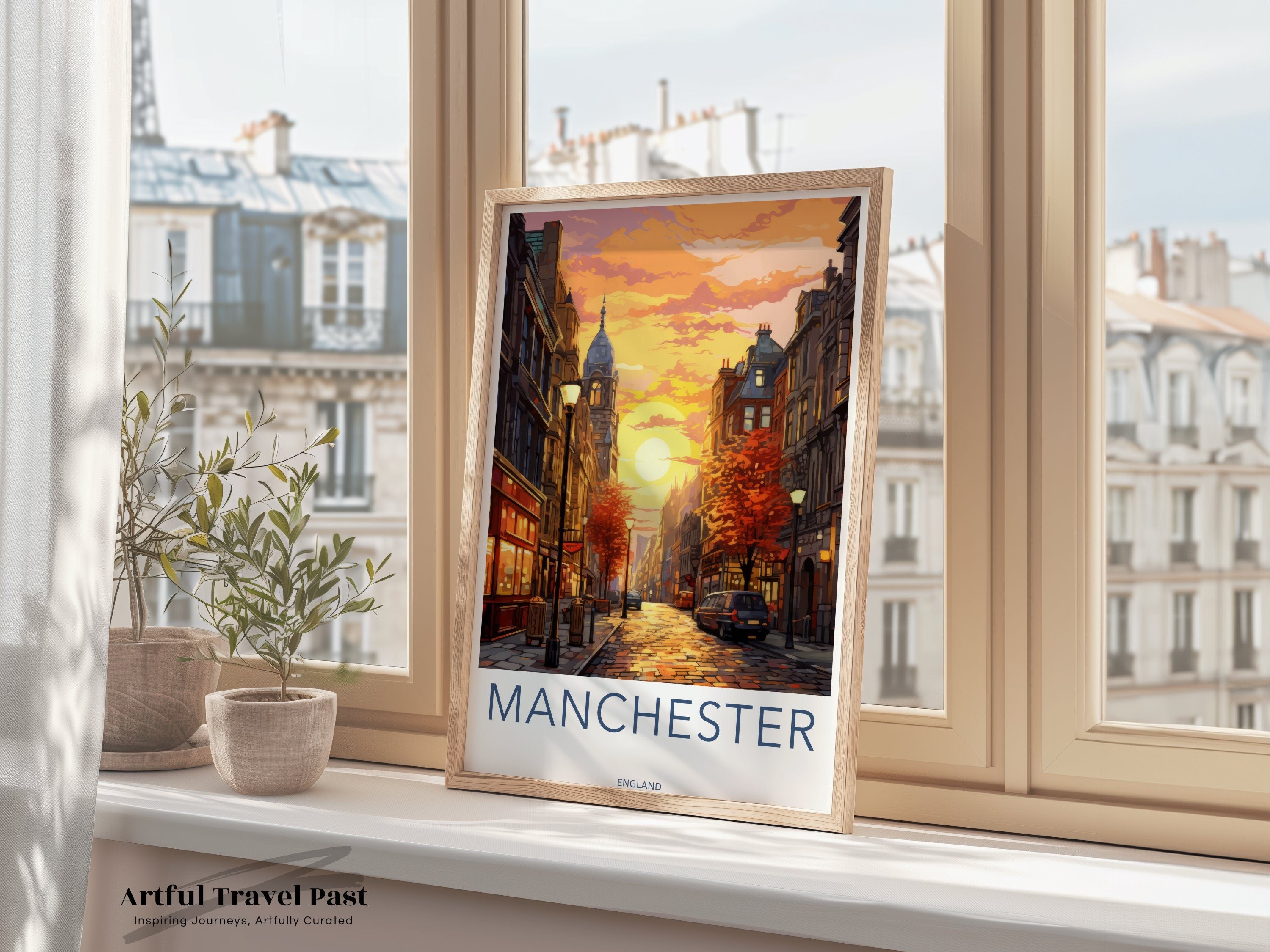 Manchester Wall Art, Manchester Cityscape Poster, Manchester Architecture Print, Sunset Street Art, Manchester Decorative Art