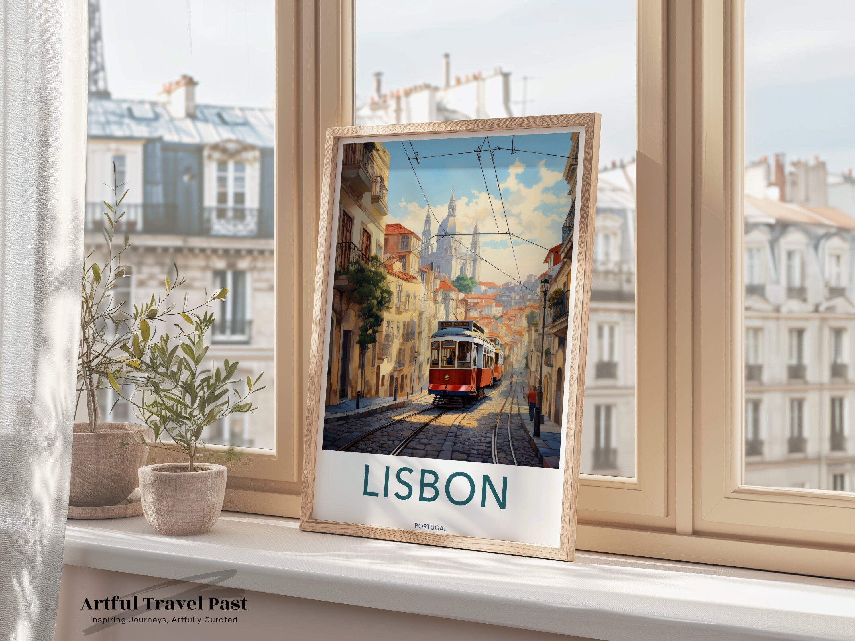 Lisbon Cityscape Wall Art, Historic Tram Art Print, Lisbon Street Decor, Vintage Travel Poster, European City Illustration, Home Decor