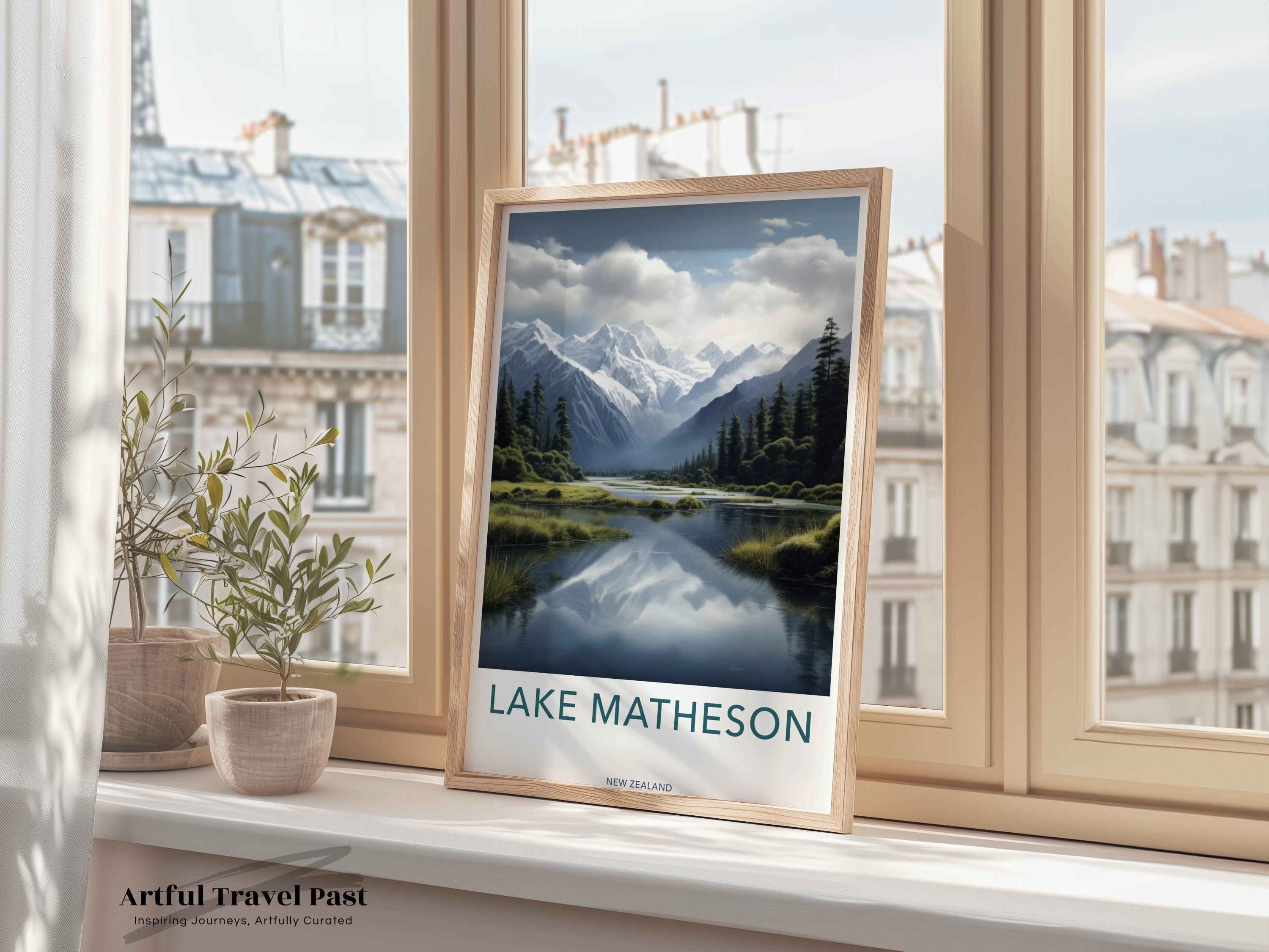 Lake Matheson Wall Art, New Zealand Scenic Print, Nature Landscape Artwork, Mountains and Lake View, Home Decor, Travel Poster