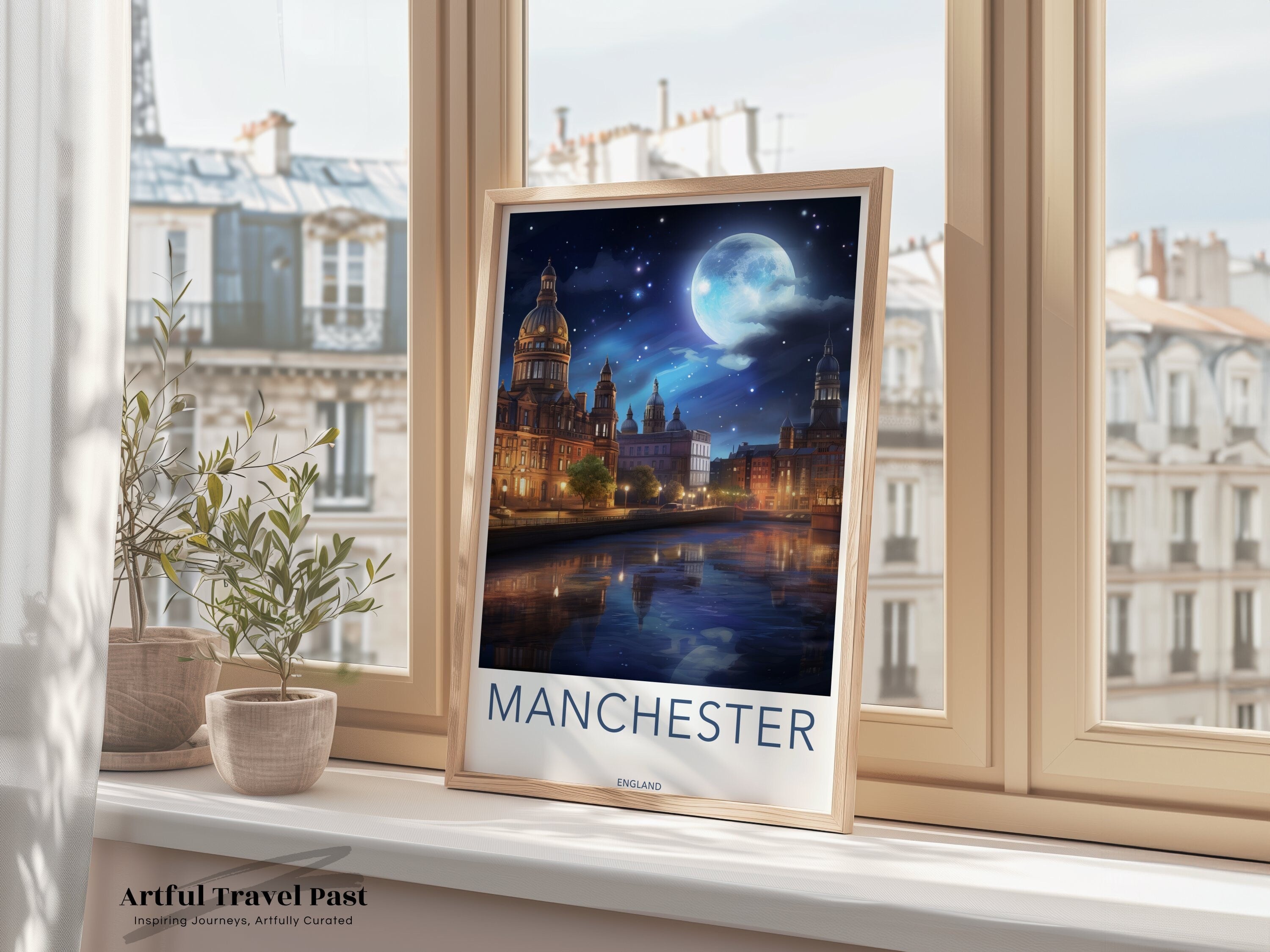 Manchester City Skyline Wall Art, Night Sky Decor, Historic Architecture Print, Urban Landscape Poster, Home and Office Decoration