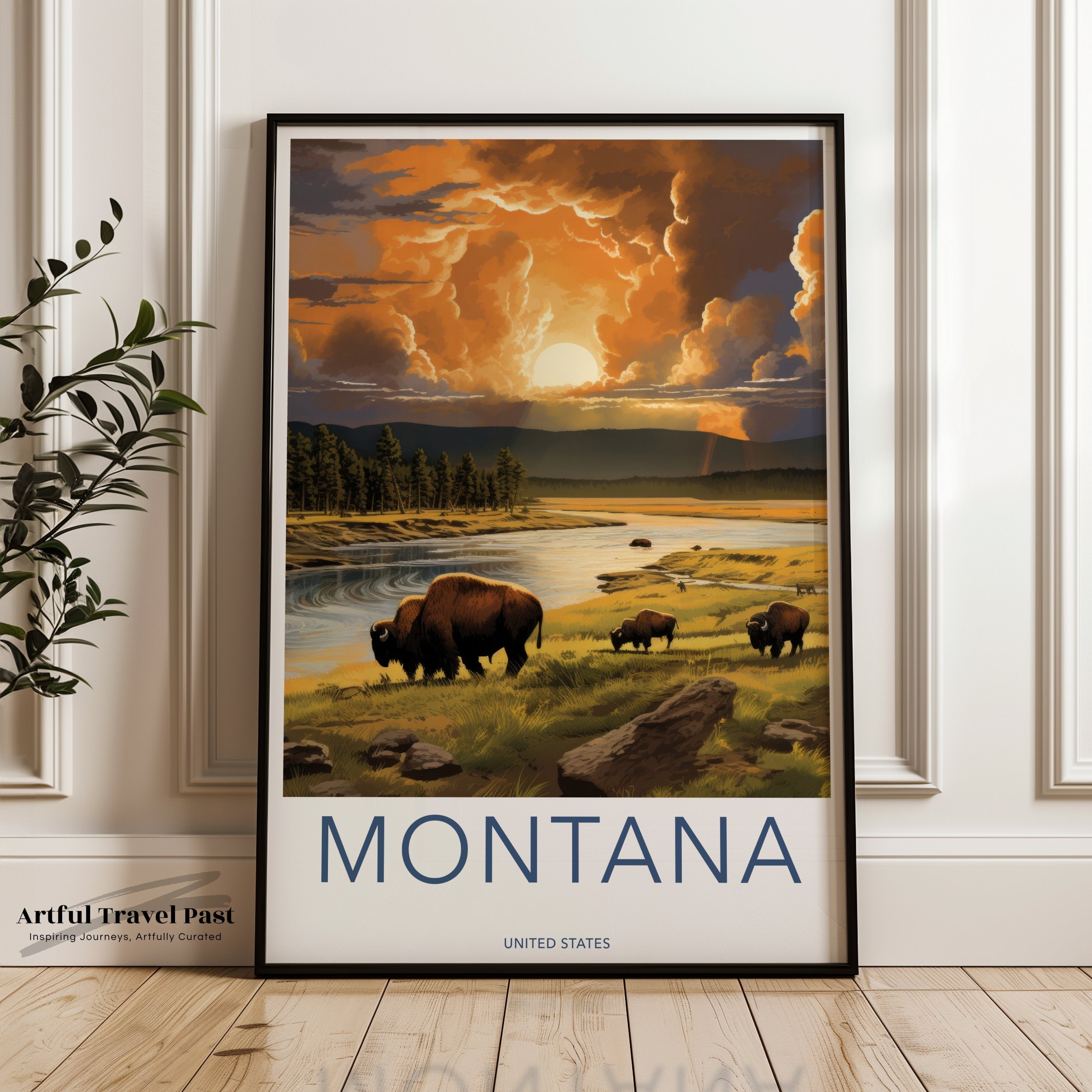 Montana Wall Art, Vintage Travel Poster, Bison Herd Landscape, Stormy Sunset, Rustic Home Decor, National Park Print, Nature Lovers Gift