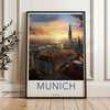 Munich Cityscape Travel Poster Wall Art, Sunset Over Historic City Center, Vibrant European Skyline, Germany Home Decor