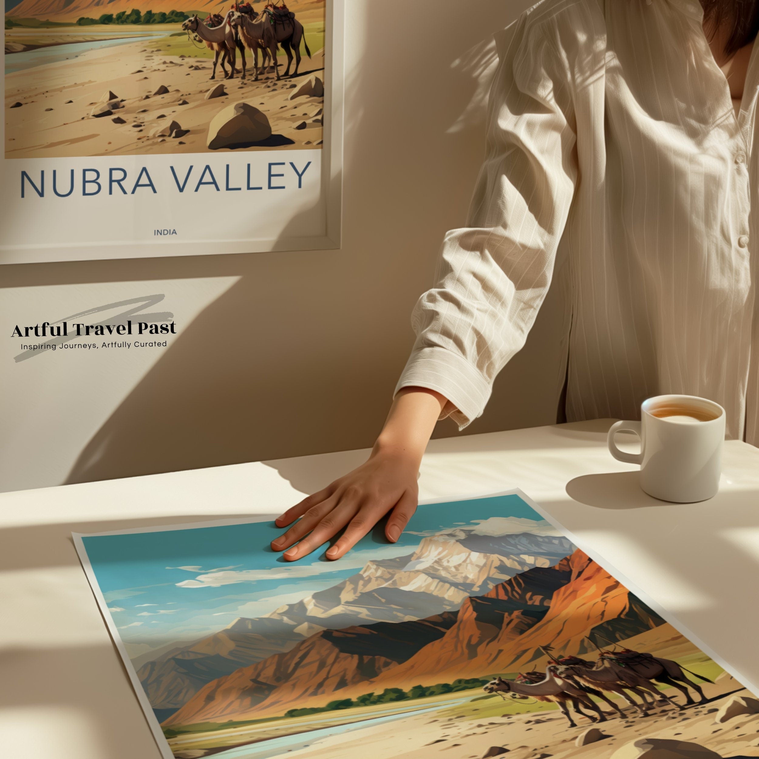 Nubra Valley Wall Art Print, Himalayan Landscape Poster, Camel Caravan Artwork, Stunning Travel Decor, India Mountain Scene