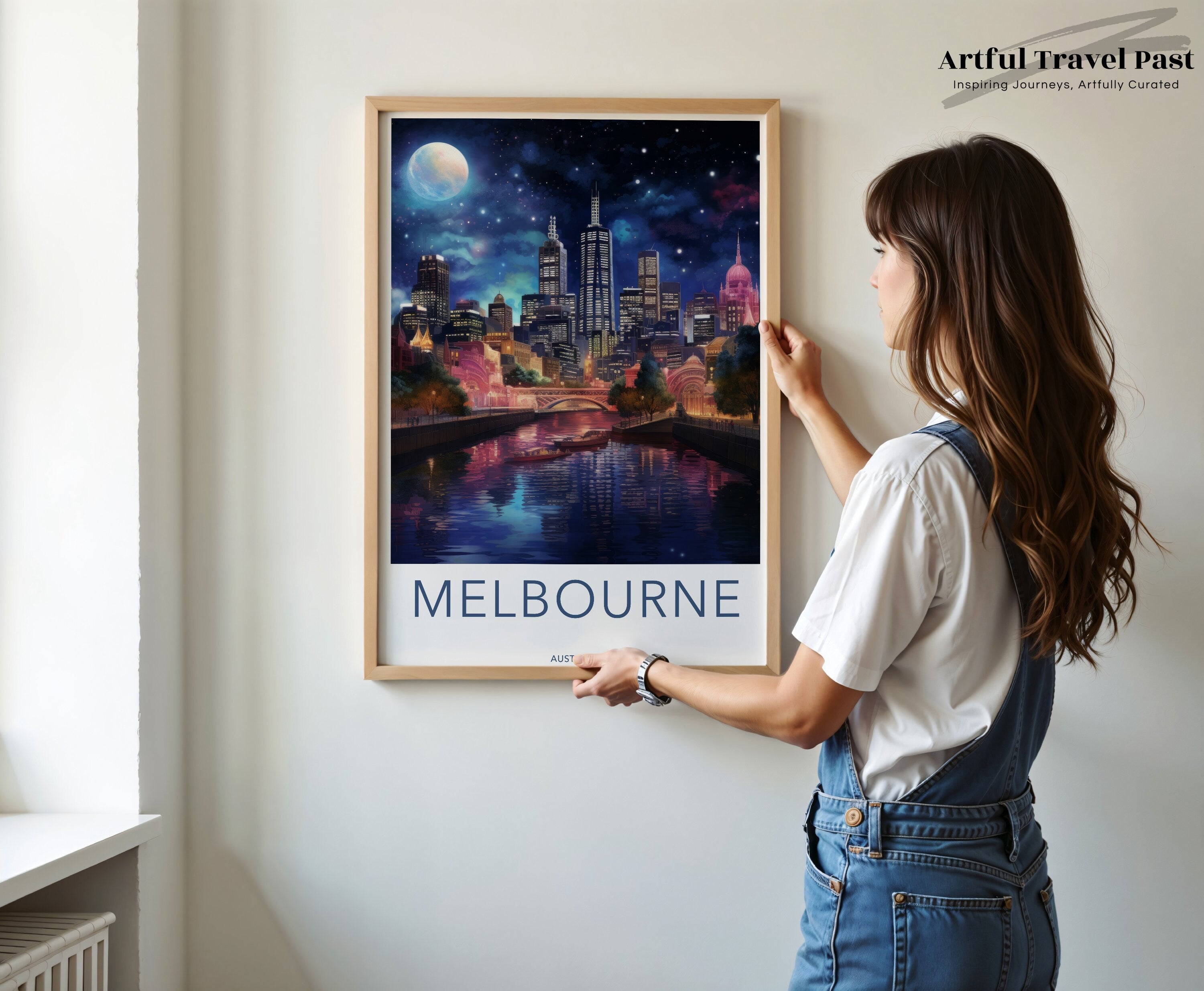 Melbourne Cityscape, Night Sky Wall Art, Moonlit Melbourne Print, Urban Skyline, Vibrant City Wall Decor, Artistic Melbourne Poster