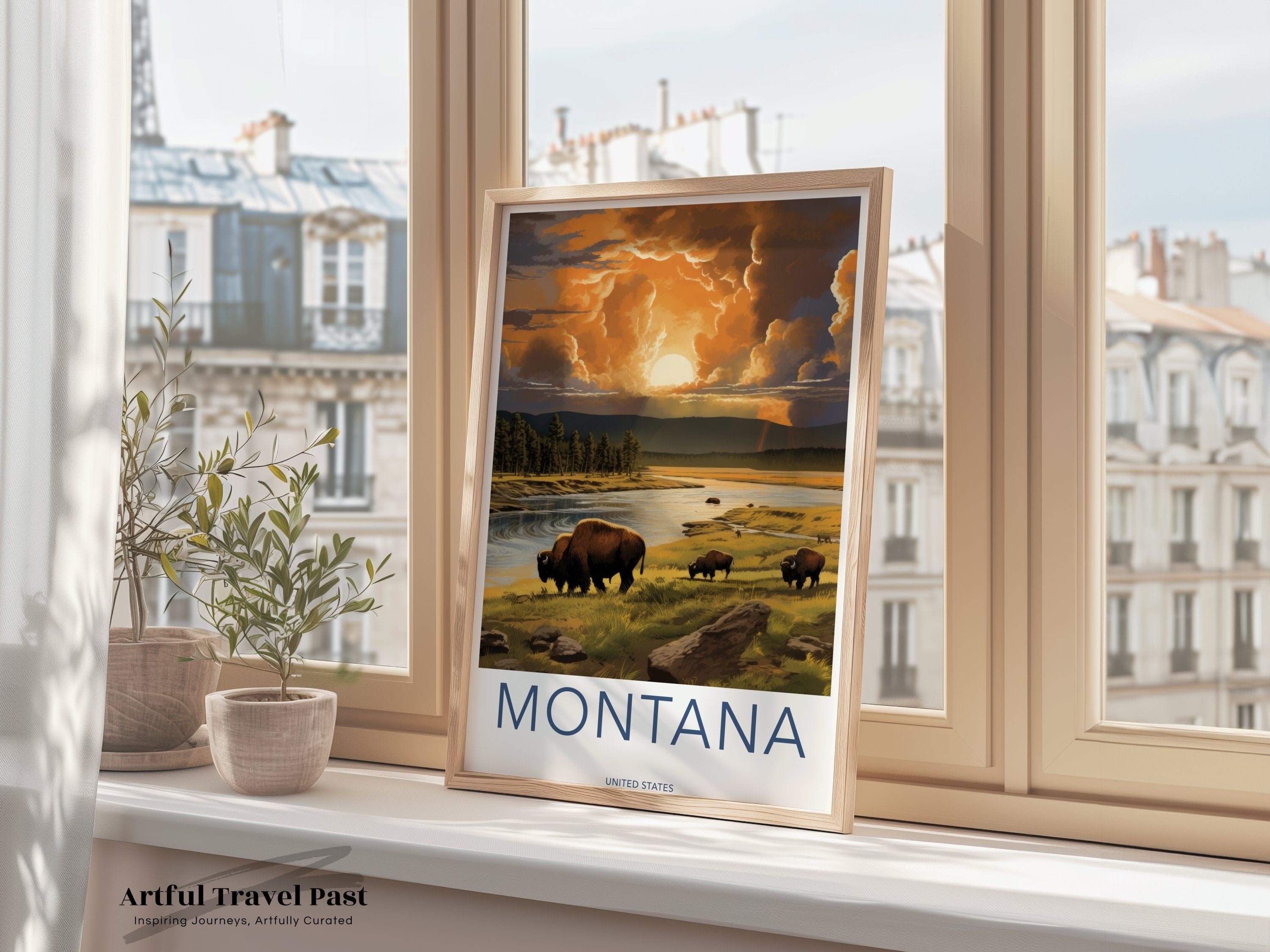 Montana Wall Art, Vintage Travel Poster, Bison Herd Landscape, Stormy Sunset, Rustic Home Decor, National Park Print, Nature Lovers Gift