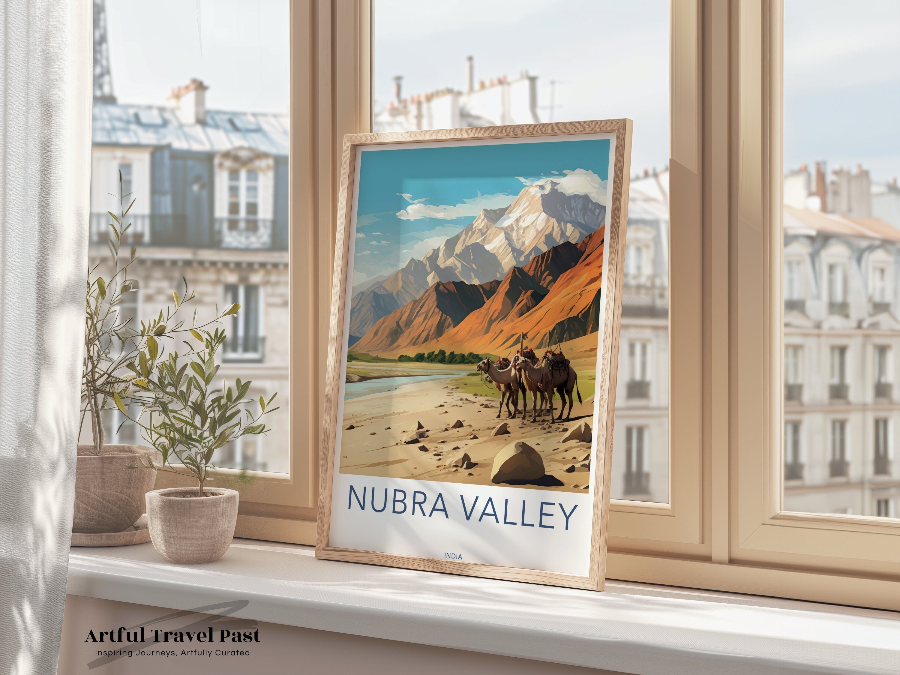 Nubra Valley Wall Art Print, Himalayan Landscape Poster, Camel Caravan Artwork, Stunning Travel Decor, India Mountain Scene