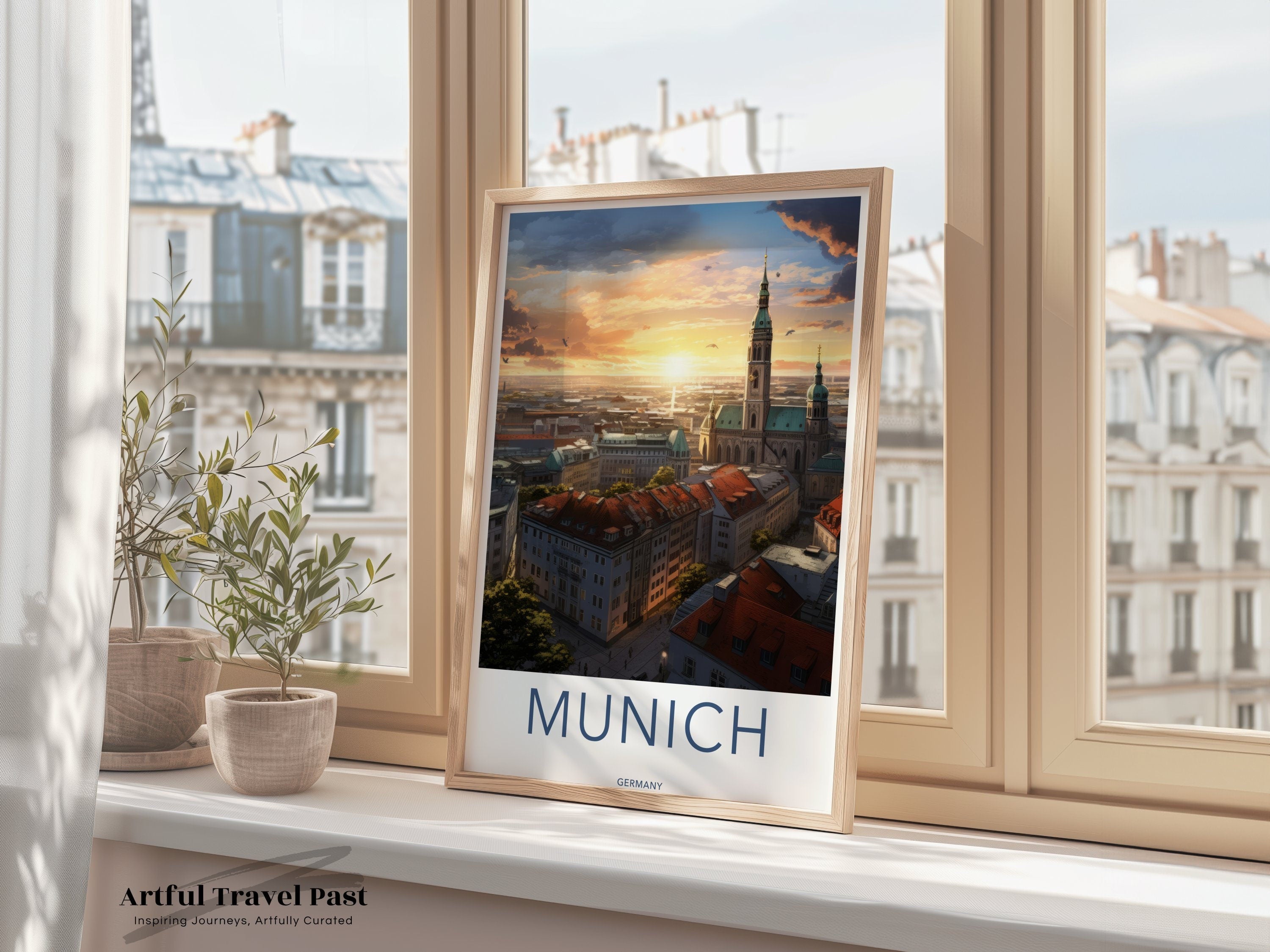 Munich Cityscape Travel Poster Wall Art, Sunset Over Historic City Center, Vibrant European Skyline, Germany Home Decor