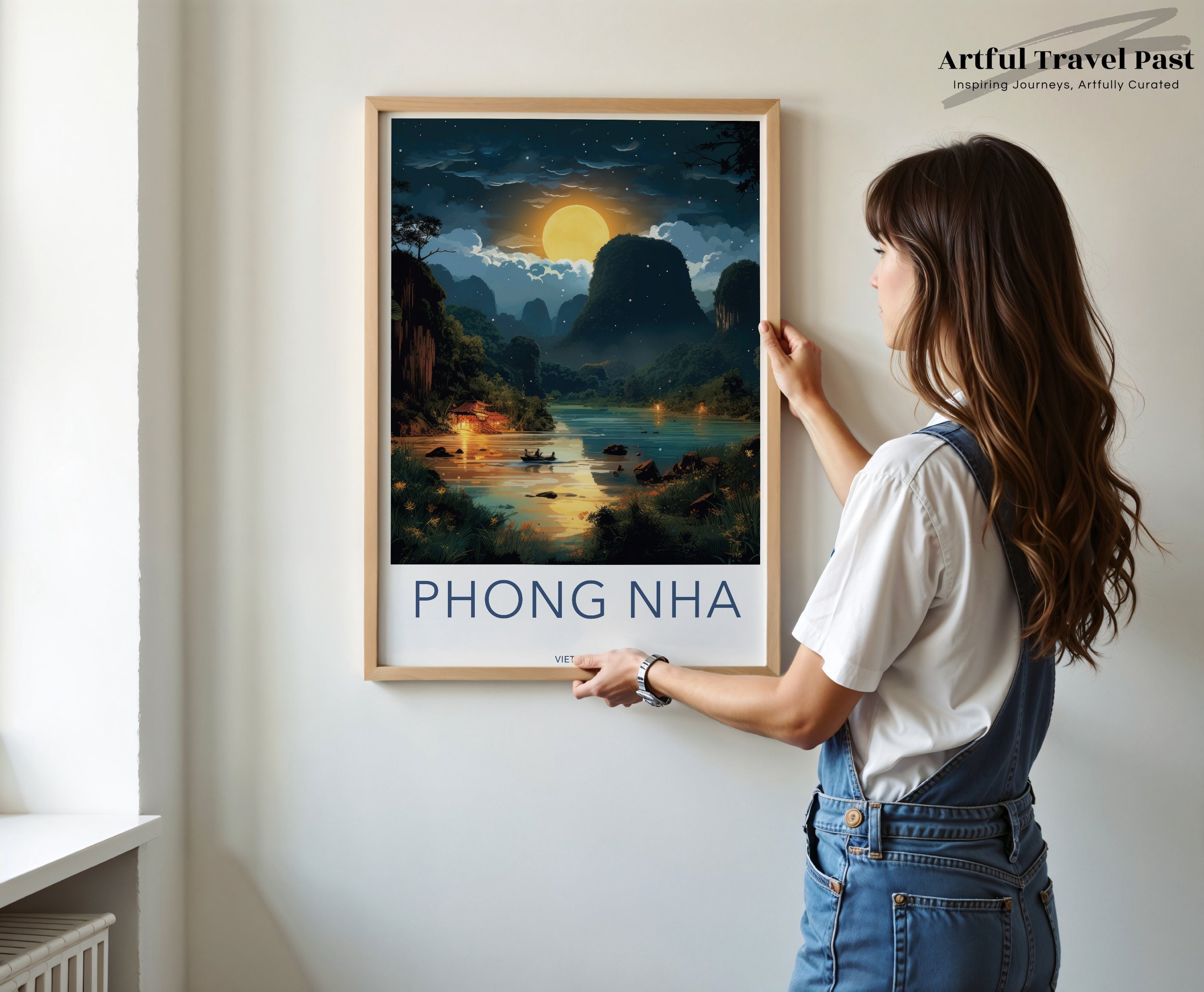 Phong Nha Vietnam Wall Art, Scenic Night Landscape Print, Full Moon Over River, Nature Decor, Vietnamese Cultural Landmark Poster