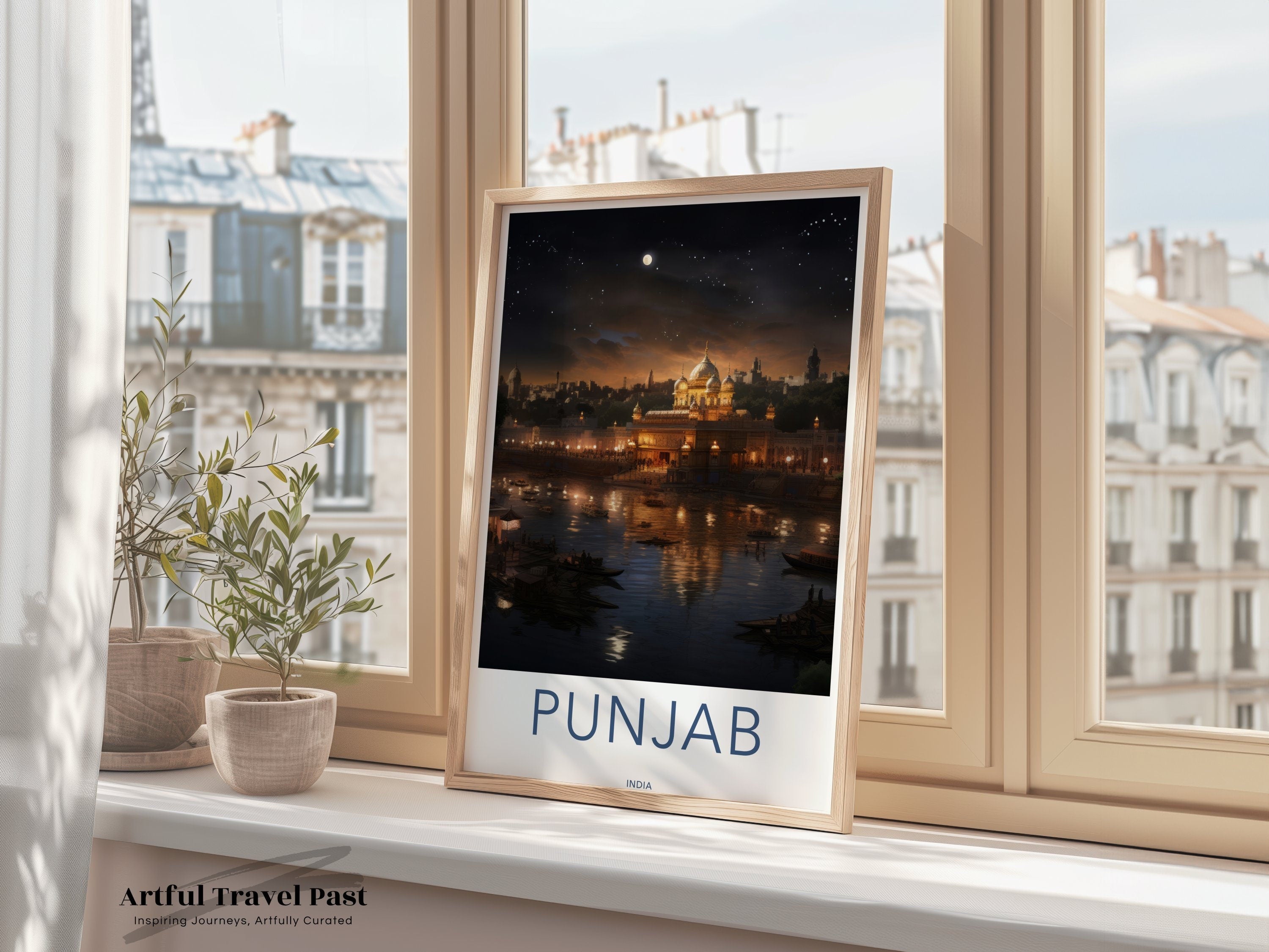 Punjab Wall Art, Golden Temple Night Scene, India Artwork, Historical and Cultural Landmark, Moonlit Sky, Architectural Wonders