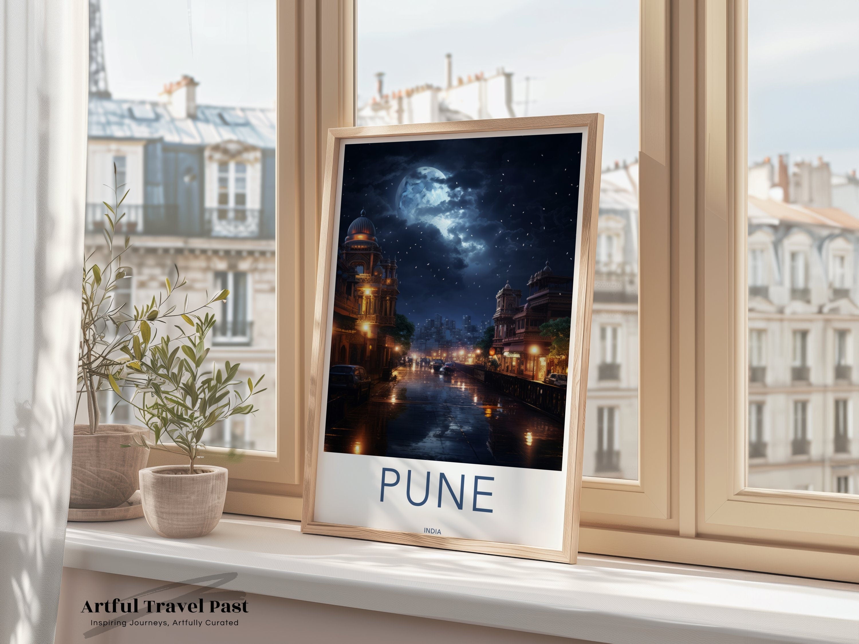 Pune Nightscape Wall Art Print, City Skyline Artwork, Indian Cityscape Poster, Moonlit Urban Landscape, Travel Souvenir, Home Decor