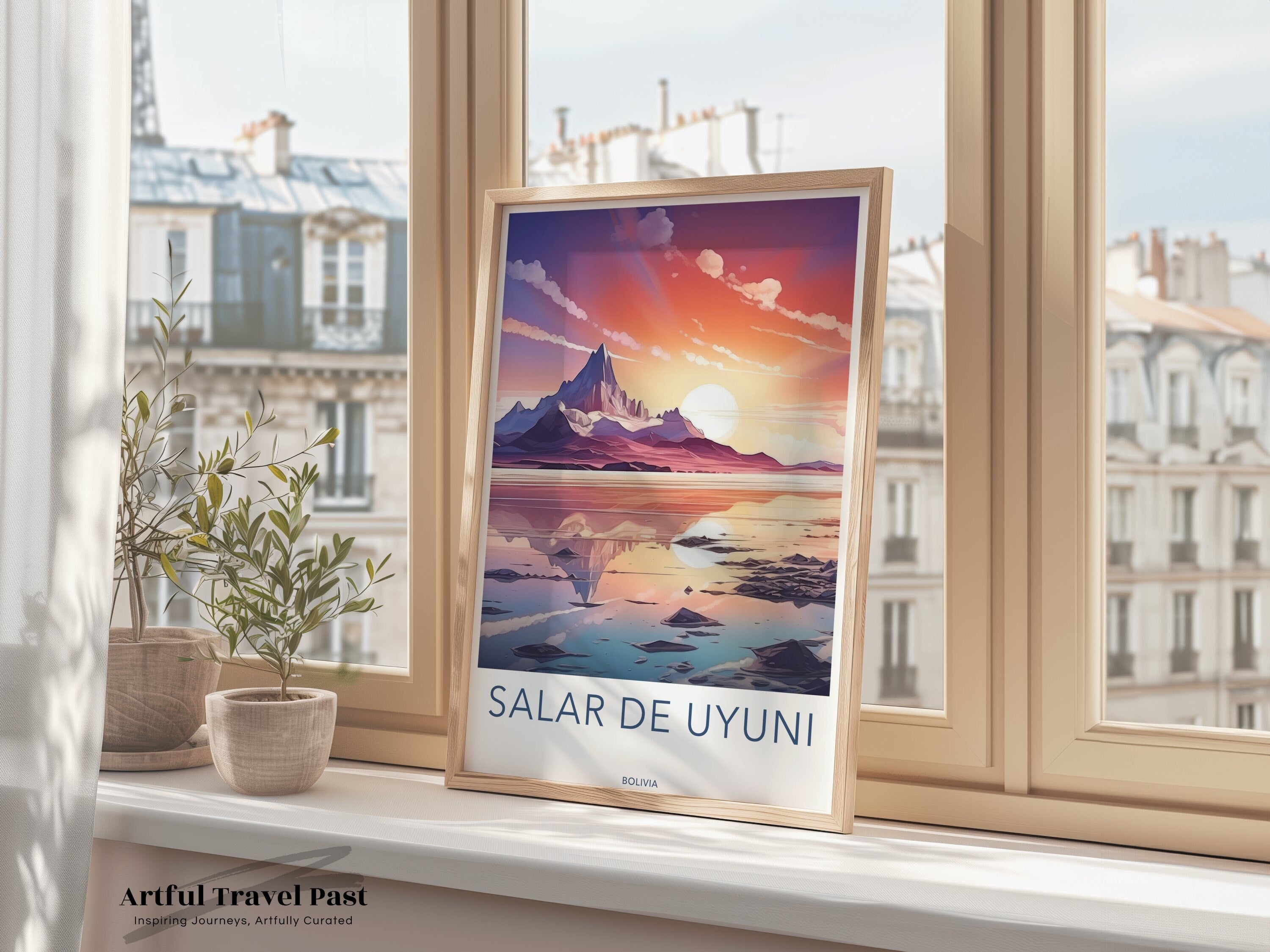 Salar de Uyuni Wall Art, Bolivia Landscape Print, Stunning Sunset Reflection, Scenic Mountain View, Nature Photography Decor