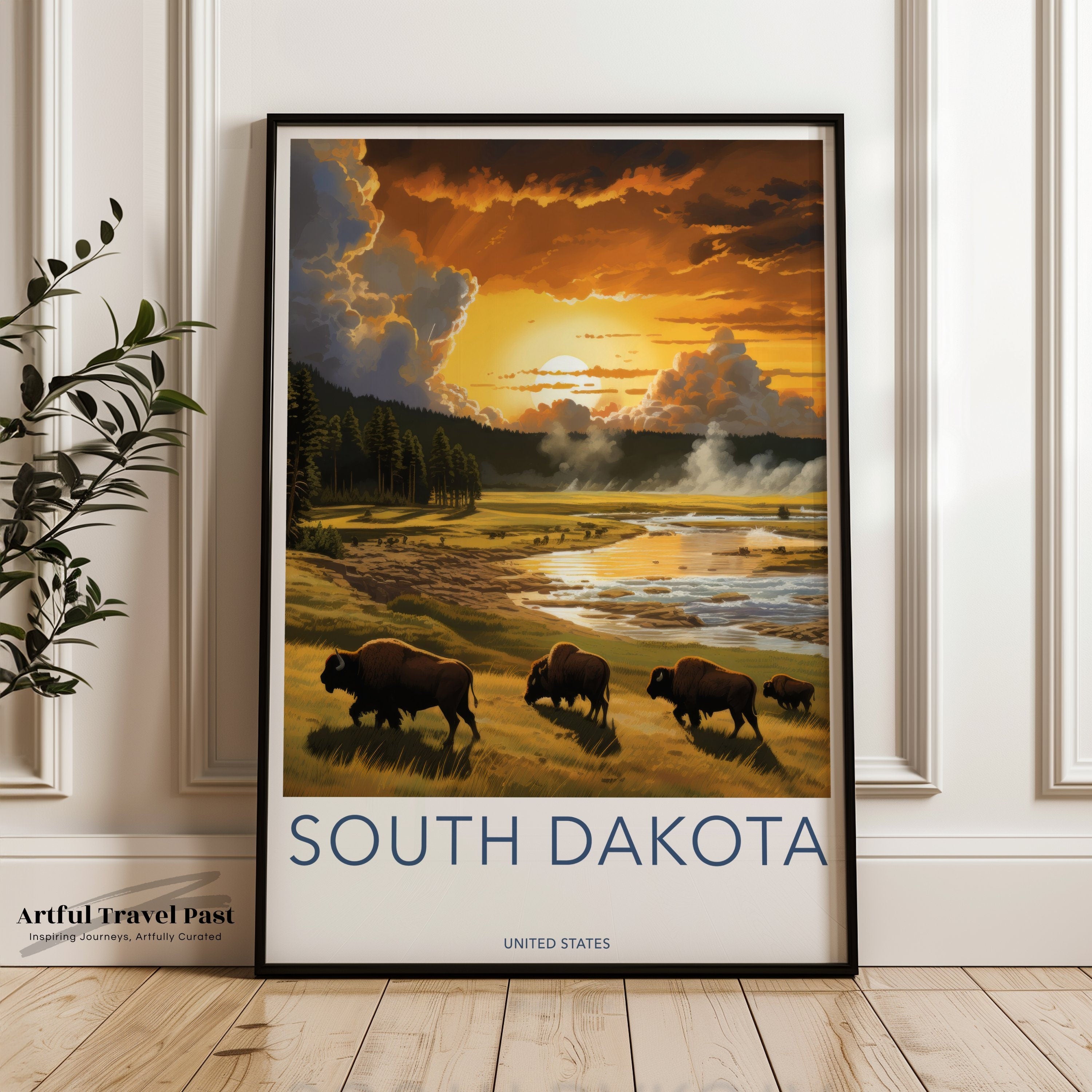 South Dakota Wall Art, Beautiful Landscape Poster, Nature Bison at Sunset, Scenic South Dakota Wildlife Print, United States Art