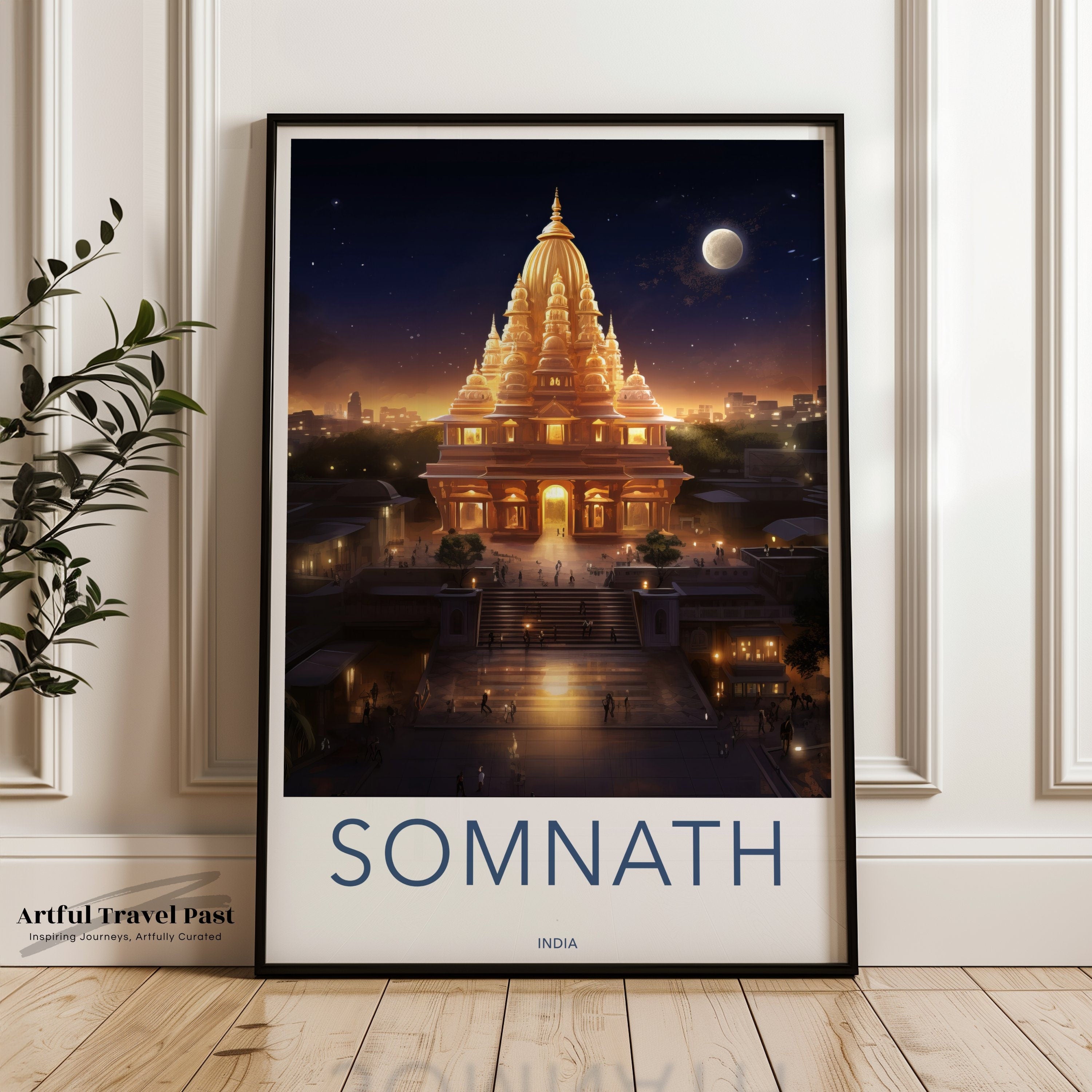 Somnath Temple Wall Art, India Night Scene Poster, Illuminated Landmark Print, Moonlit Historical Architecture, Cultural Heritage Decor