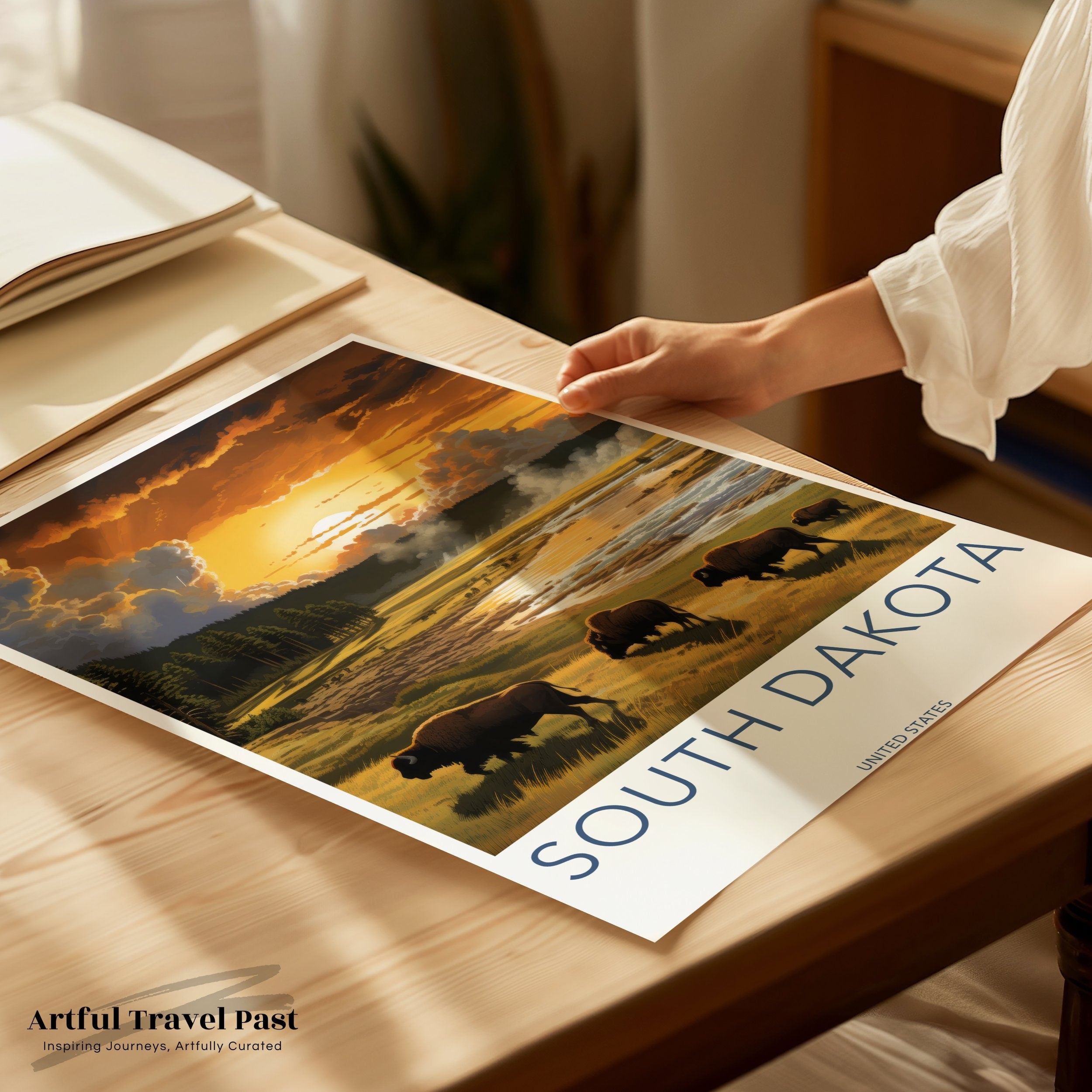 South Dakota Wall Art, Beautiful Landscape Poster, Nature Bison at Sunset, Scenic South Dakota Wildlife Print, United States Art