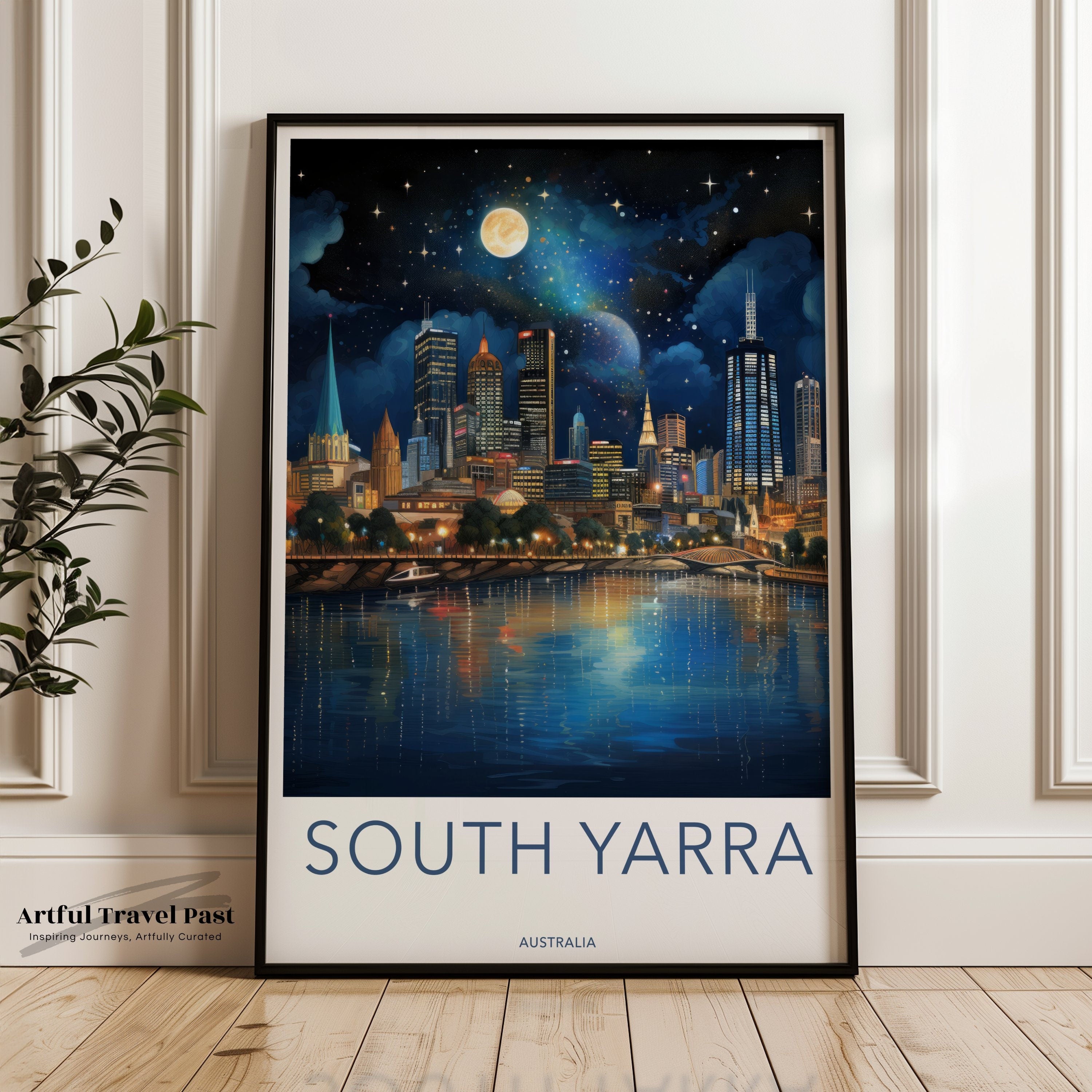 South Yarra Melbourne Wall Art Print, Melbourne City Nightscape Poster, Beautiful Moonlit Skyline Art, Water Reflection Decor