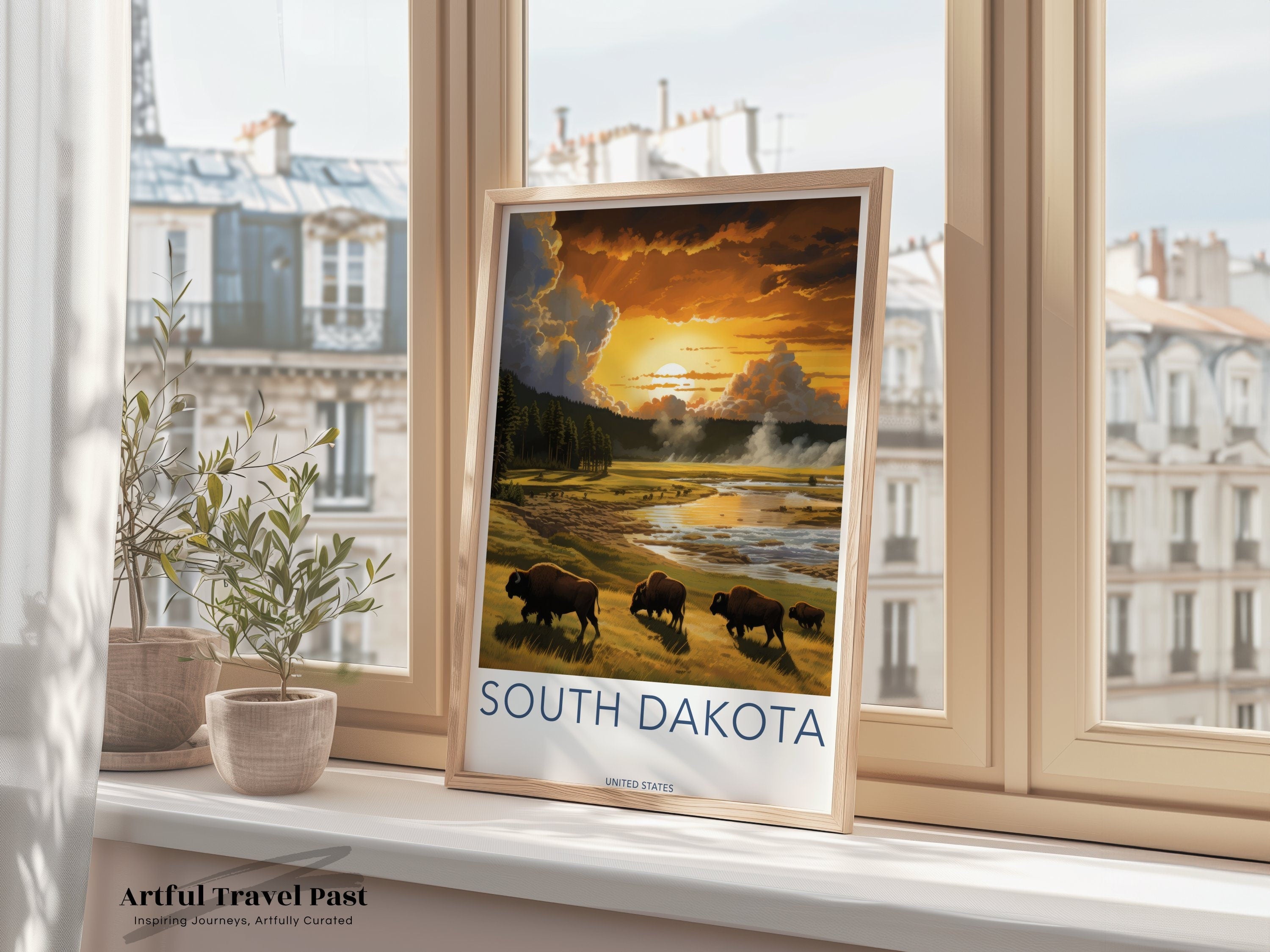 South Dakota Wall Art, Beautiful Landscape Poster, Nature Bison at Sunset, Scenic South Dakota Wildlife Print, United States Art