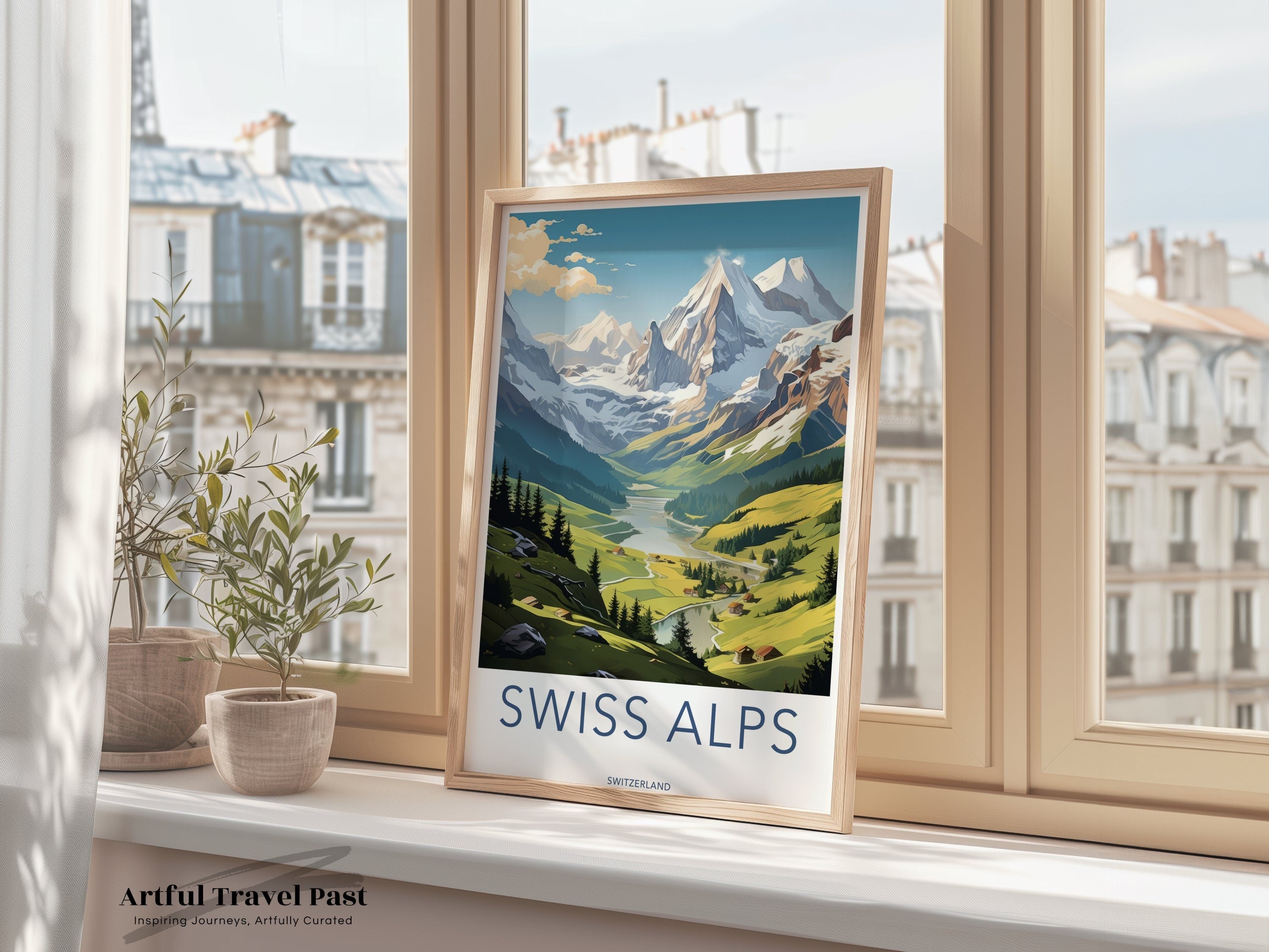 Swiss Alps Wall Art, Majestic Mountain Landscape Print, Picturesque Nature Poster, Snow-Capped Peaks, Tranquil Valley Scene