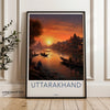 Uttarakhand Wall Art, Sunset Over River, Himalayan Landscape, Cultural Heritage, Architectural Wonders, Natural Beauty Art Print