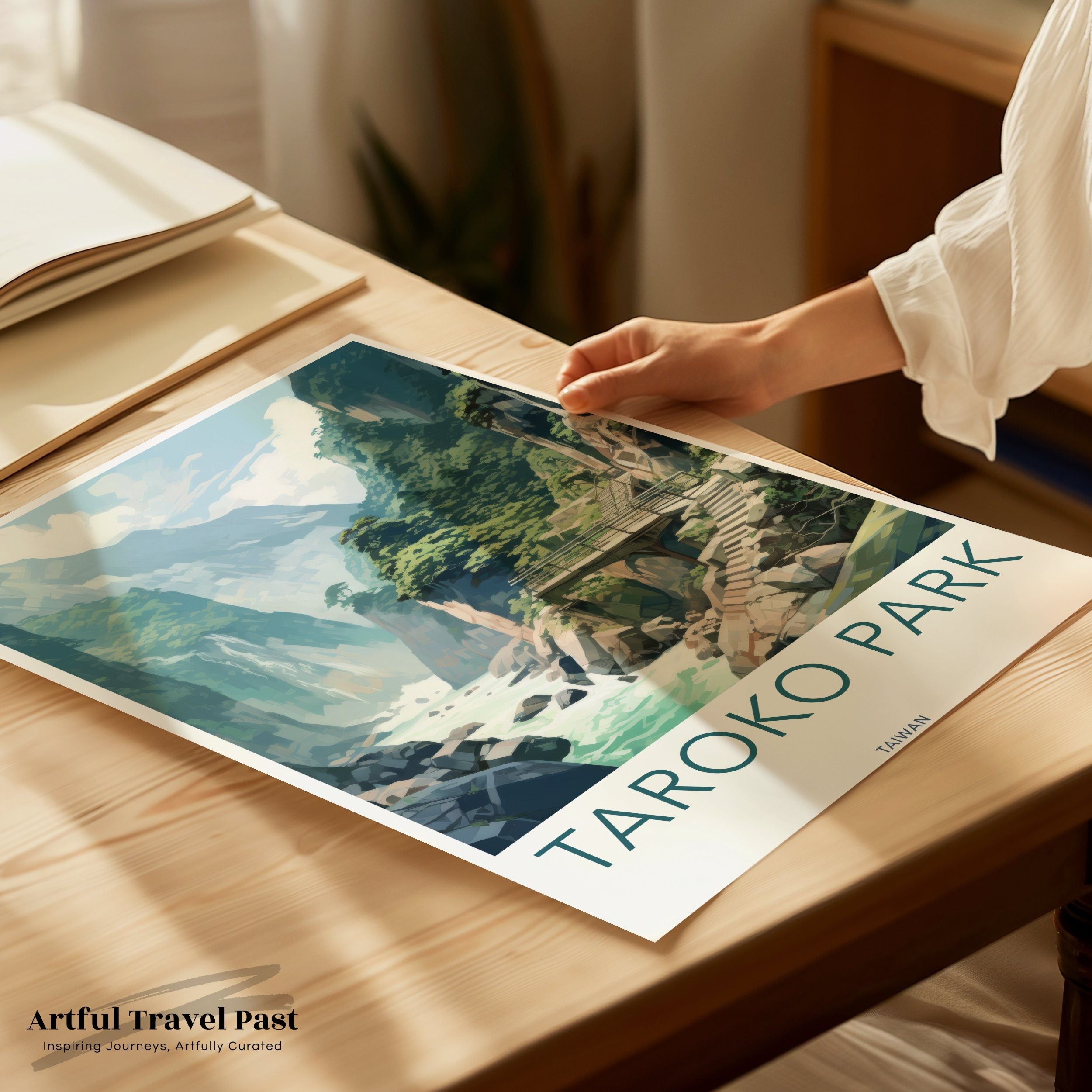 Taroko Park Wall Art, Beautiful Nature Landscape, Taiwan Mountain River Illustration, Scenic Outdoor Decor, Travel Poster