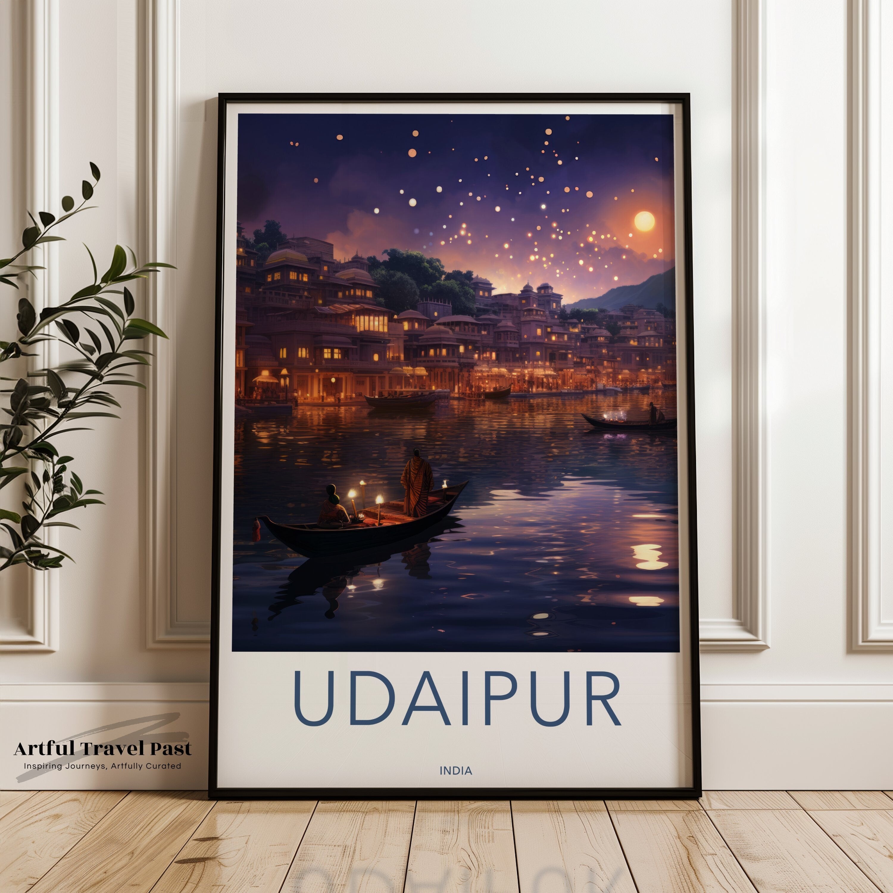 Udaipur Wall Art, Sunset Boat Scene, Udaipur Lake Art, Indian Cityscape, Nighttime Udaipur Decor, Cultural India Poster