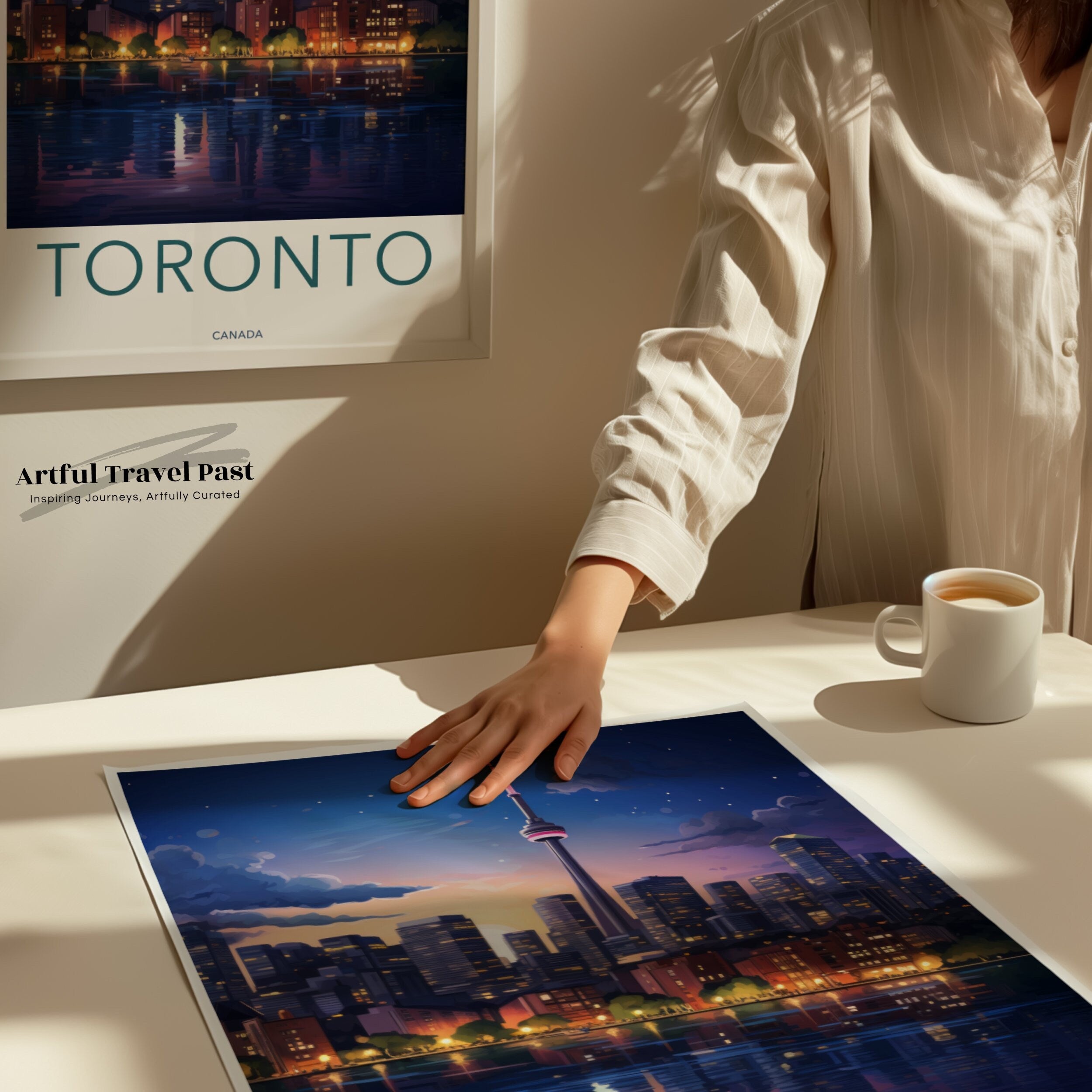 Toronto Cityscape Skyline, CN Tower, Night View, Urban Landscape, City Lights, Reflective Water, Wall Art Print, Canada Decor