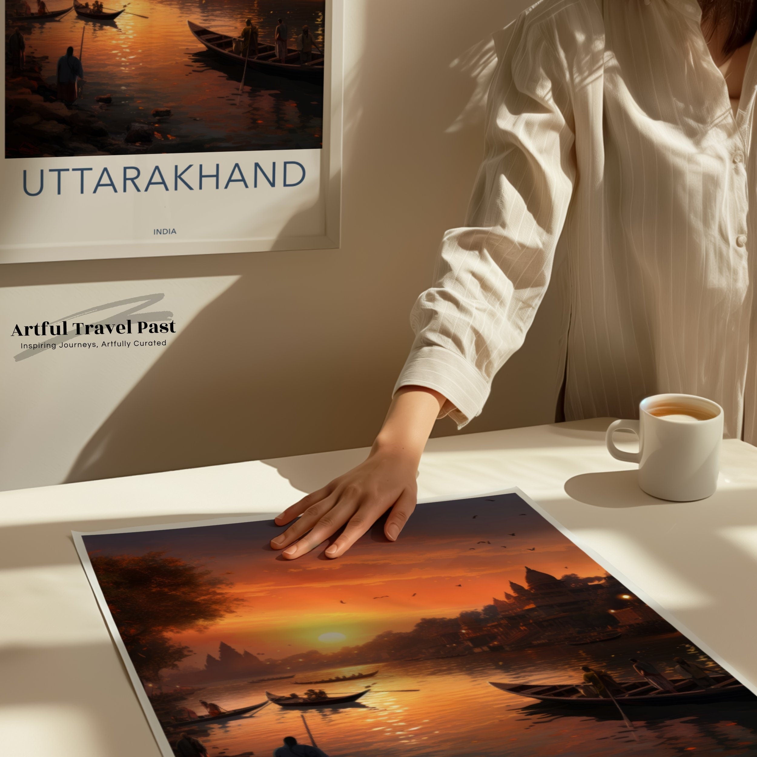 Uttarakhand Wall Art, Sunset Over River, Himalayan Landscape, Cultural Heritage, Architectural Wonders, Natural Beauty Art Print