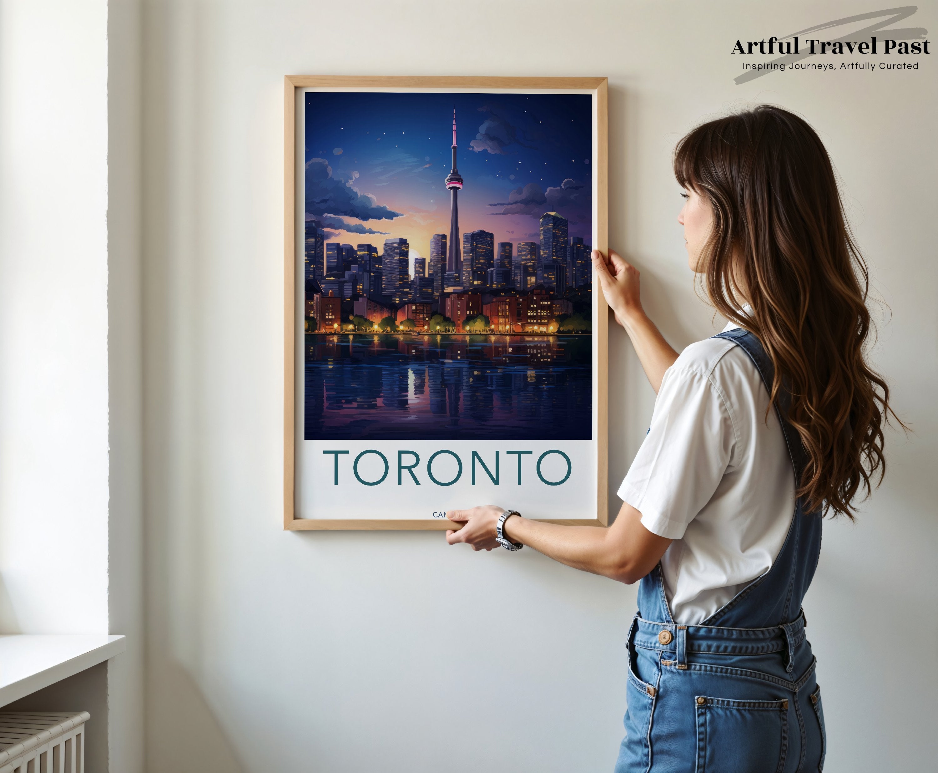 Toronto Cityscape Skyline, CN Tower, Night View, Urban Landscape, City Lights, Reflective Water, Wall Art Print, Canada Decor