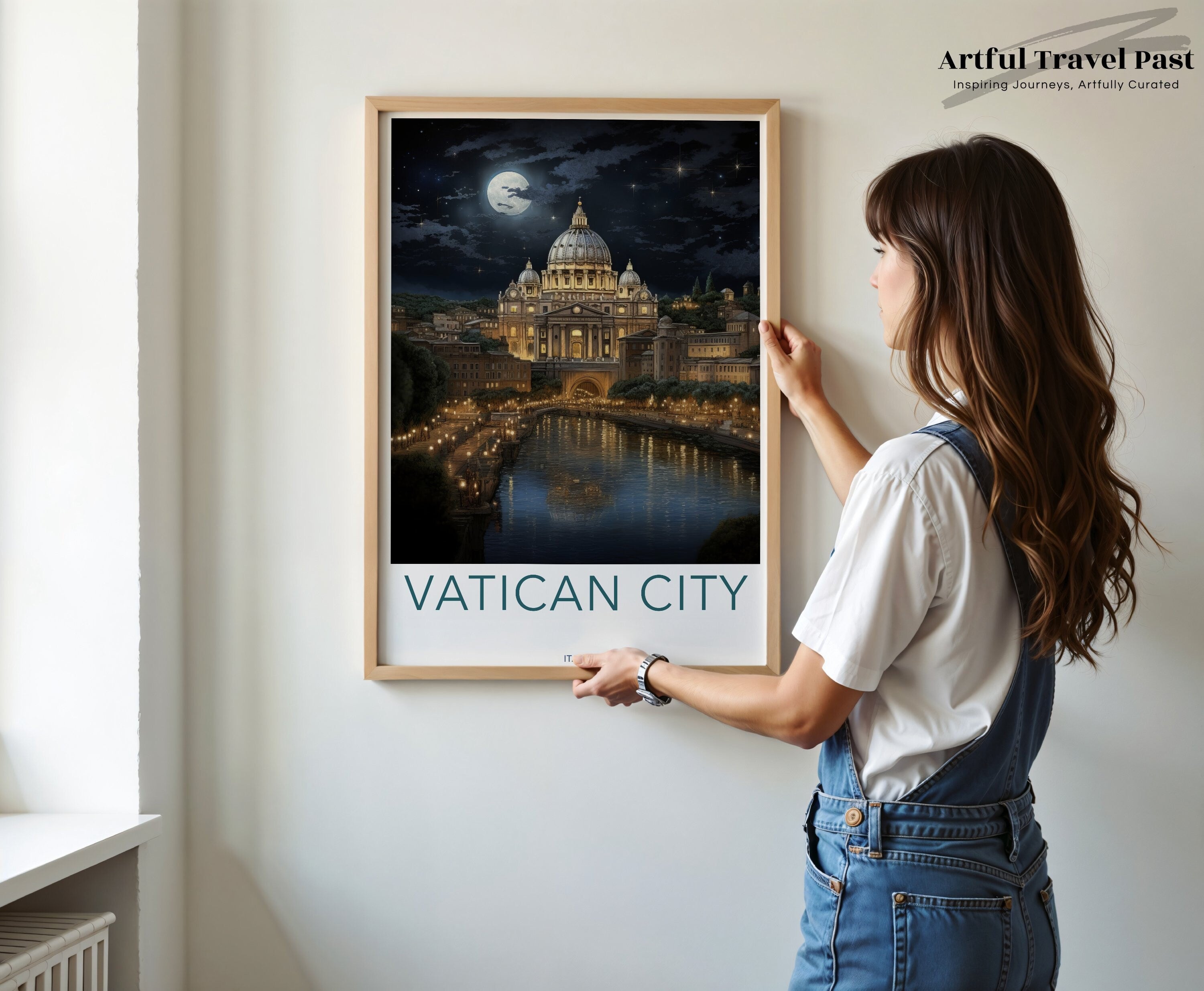 Vatican City Wall Art, Night Scenery, Moonlit St. Peter's Basilica, Historic Architecture, River View, Italian Landmark Print