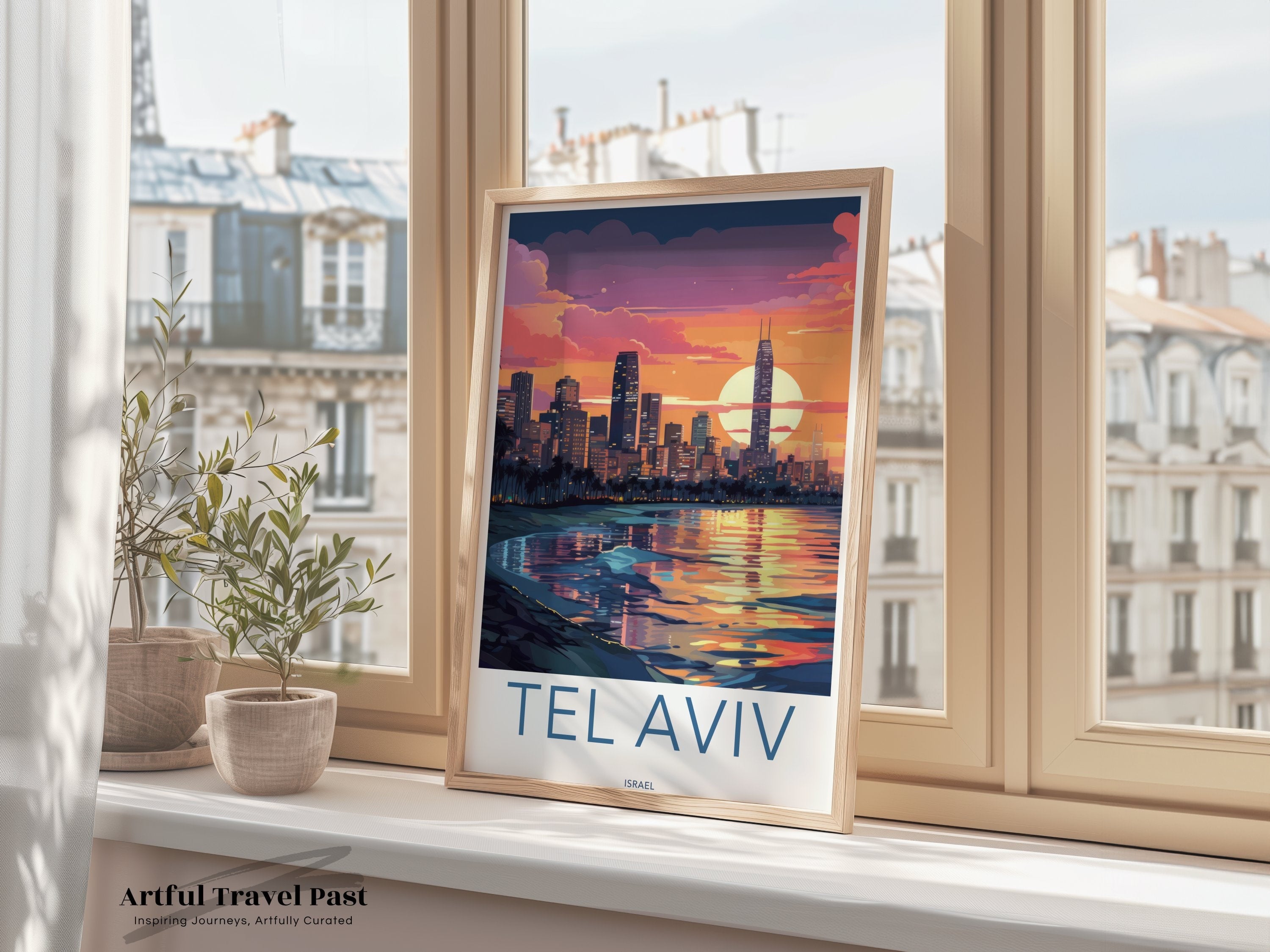 Tel Aviv Sunset Skyline Wall Art, Coastal Cityscape Print, Modern City Sunset Poster, Urban Landscape Artwork for Home Decor