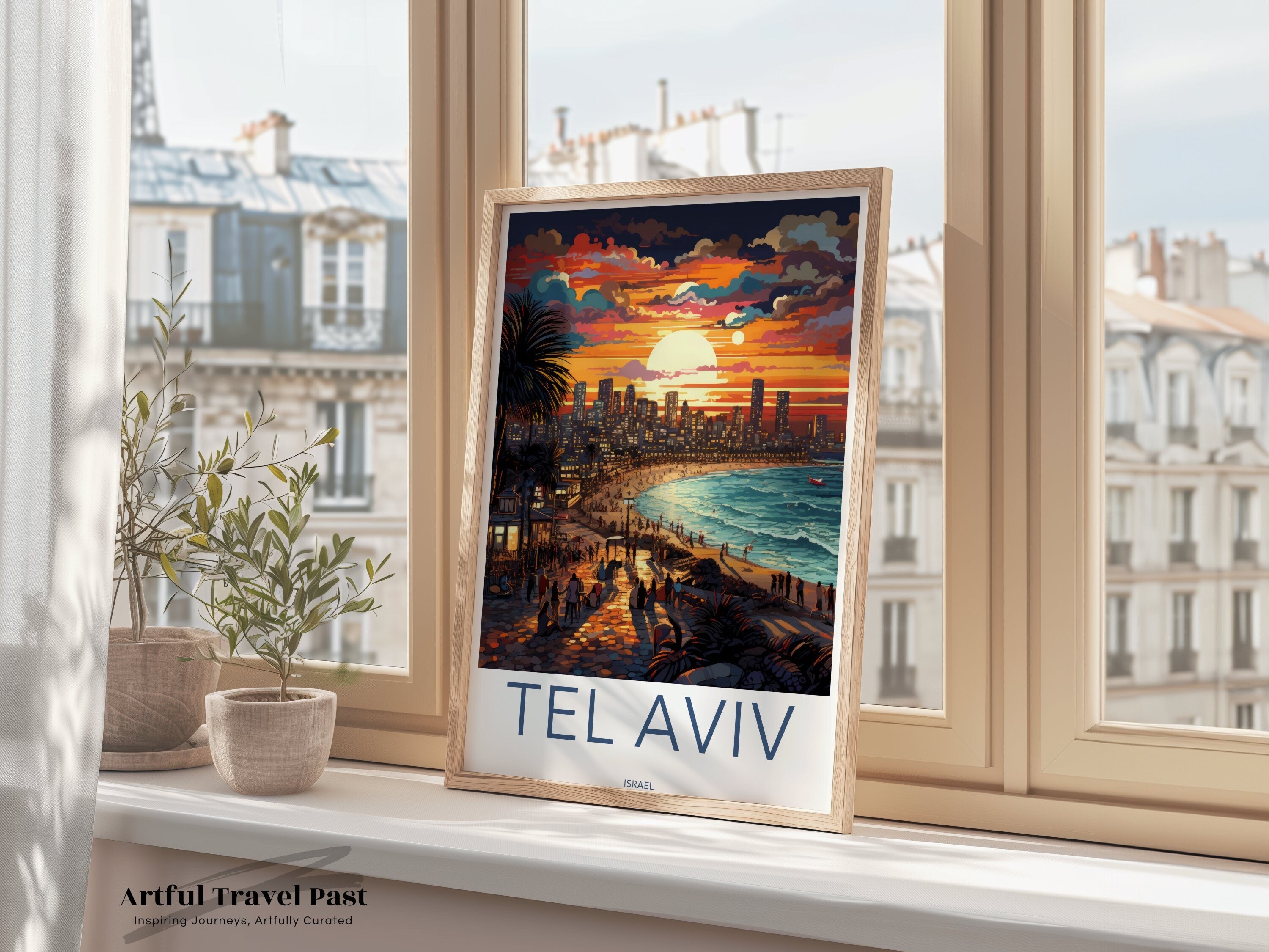 Tel Aviv Wall Art, Sunset City Skyline Print, Coastal Cityscape, Vibrant Beach Scene, Urban Landscape, Modern Decor, Israel Poster